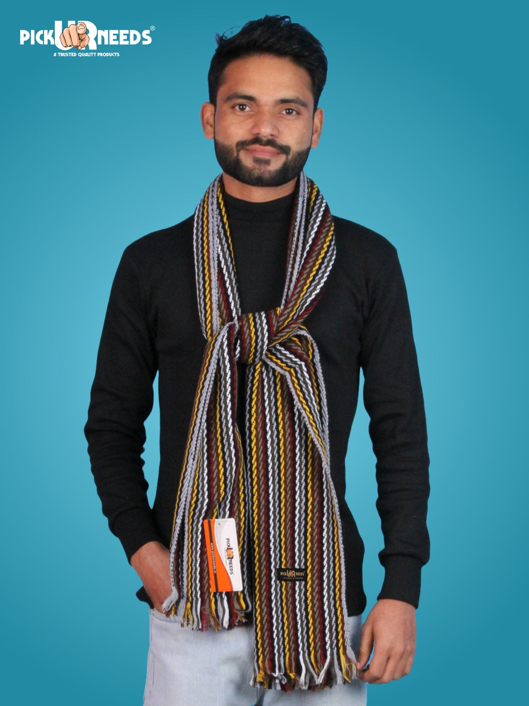 Pick Ur Needs Premium Men's Warm And Stylish Woolen Muffler With Multicolour Stripes And Stylish Tussles Ends
