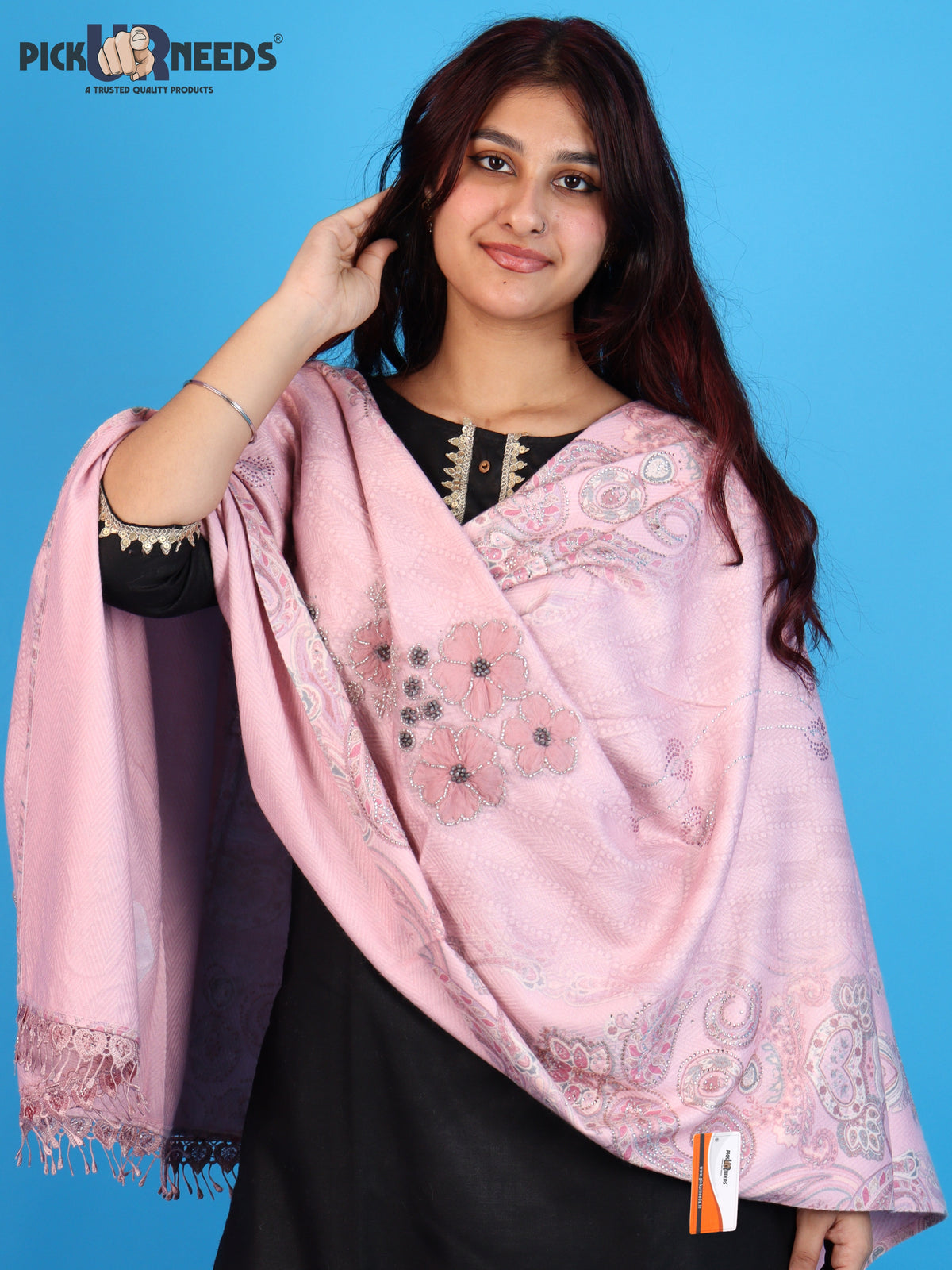 Pick Ur Needs Womens Designer Winter Elegant Floral Embellished Paisley Print Girls Shawl with Decorative Fringe Border
