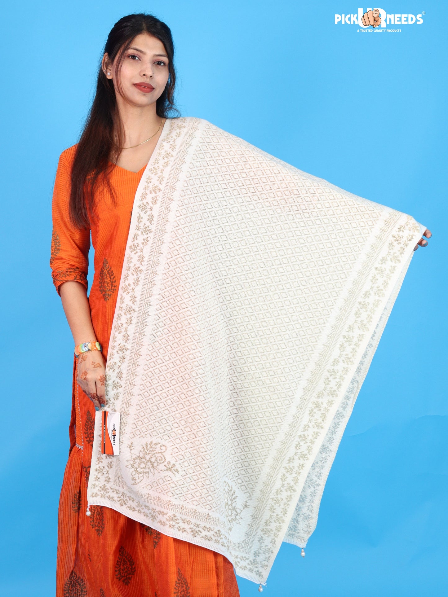 Pick Ur Needs Ladies Printed Winter Shawl with Elegant Pattern Soft Knitted Stole with Designer Border & Tassel Finish Comfortable Shoulder Wrap for