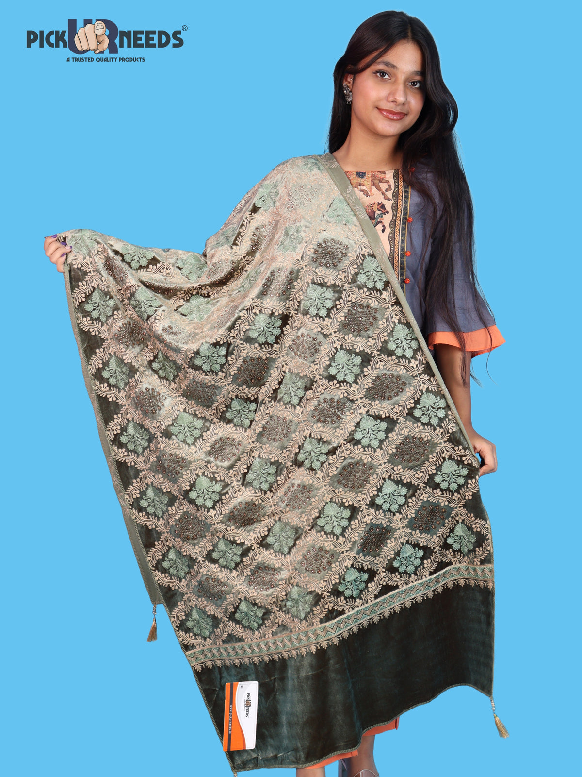 Pick Ur Needs Womens Velvet Woolen Girls Shawl with Elegant Embroidered Design, Warm Winter Wrap for Wedding Parties, Festive Occasions