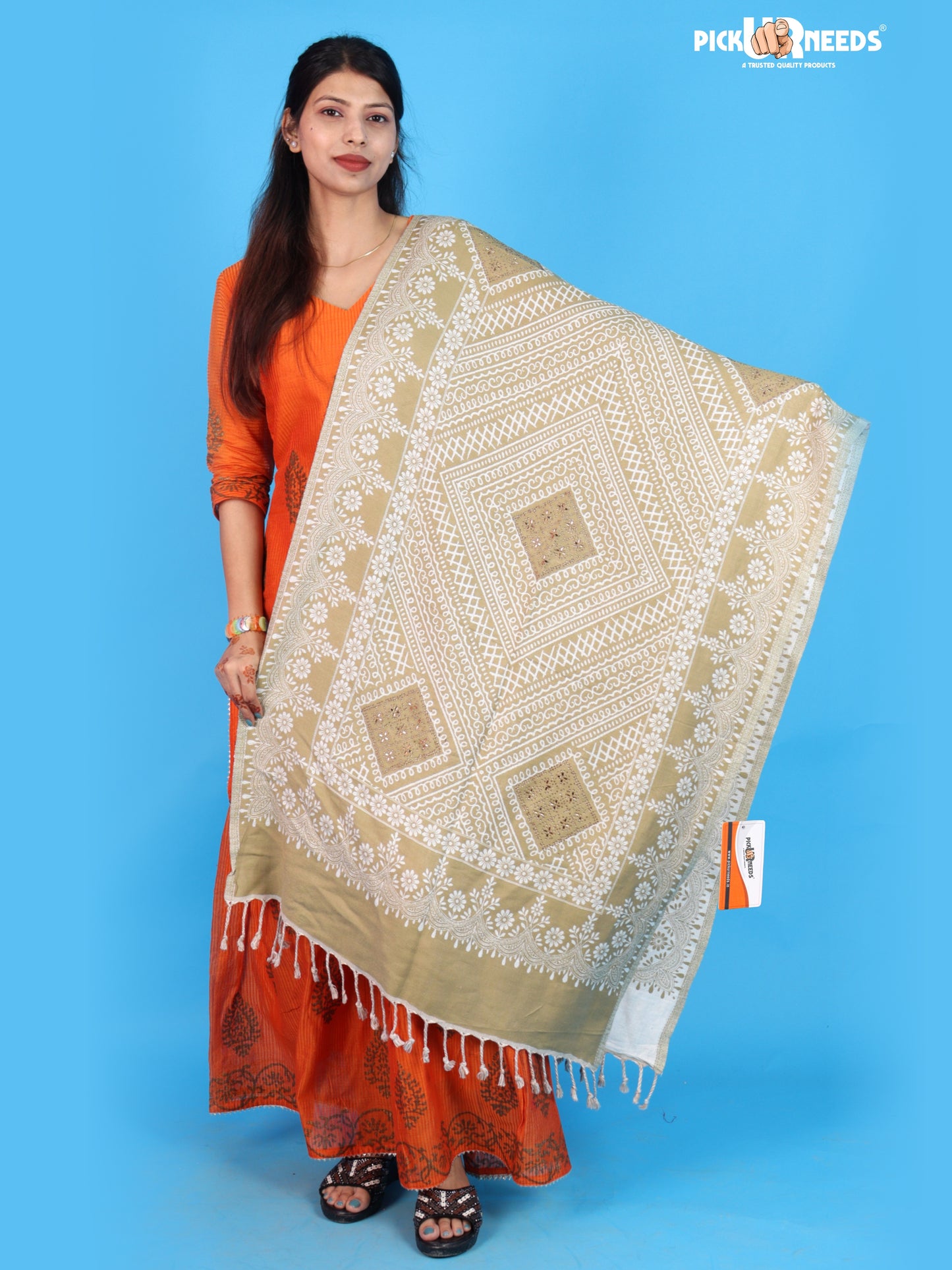 Pick Ur Needs Womens Elegant Embroidered Pattern Shawl Statement Wrap with Artistic Motif Work & Fringe Detailing Girls Stole for Ethnic and Casual Styling