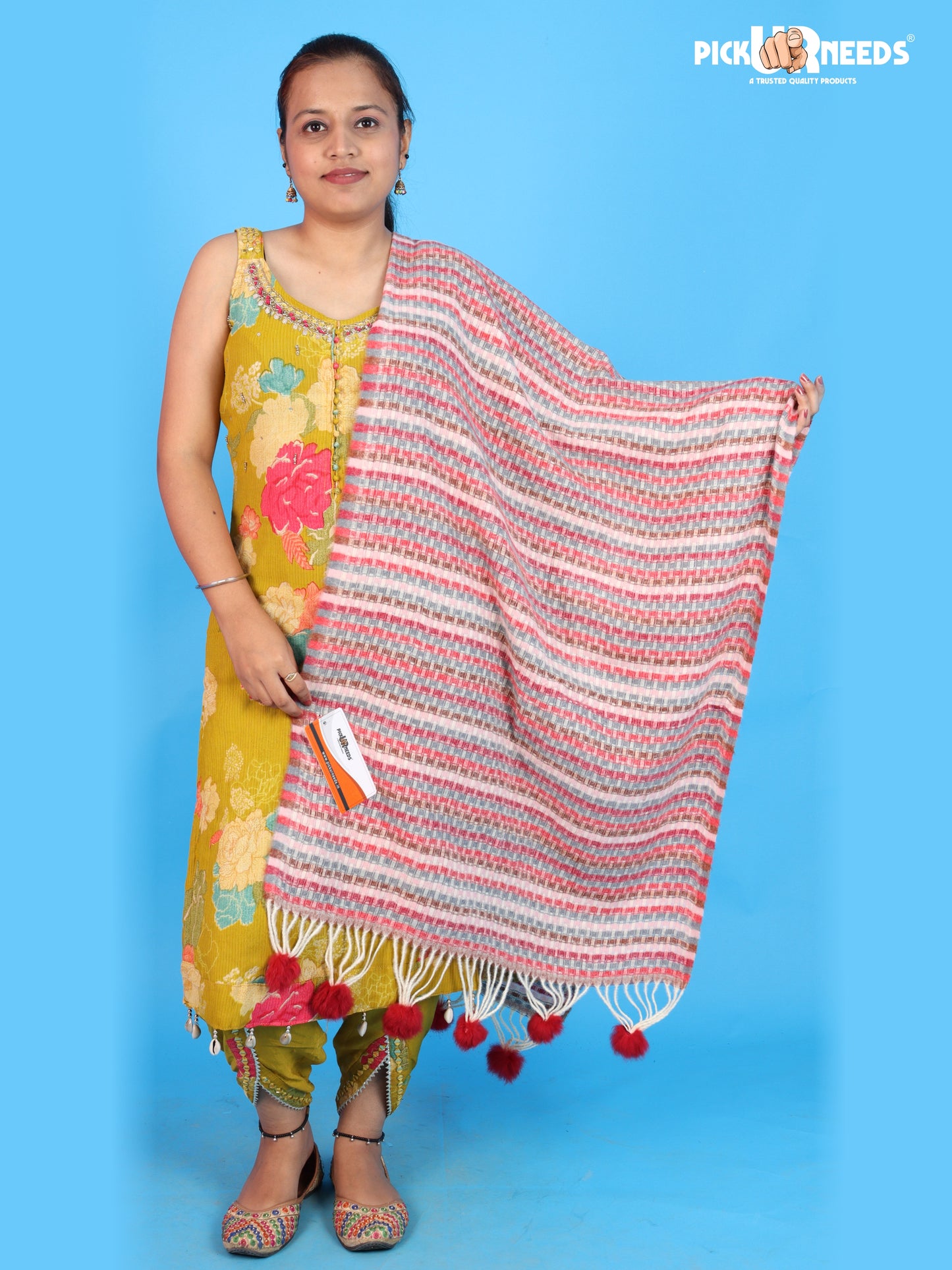 Pick Ur Needs Girls Designer Winter Shawl with Stylish Striped Pattern Textured Shoulder Wrap with Pom Pom Tassels Elegant Stole for Women Party, Casual & Ethnic Wear