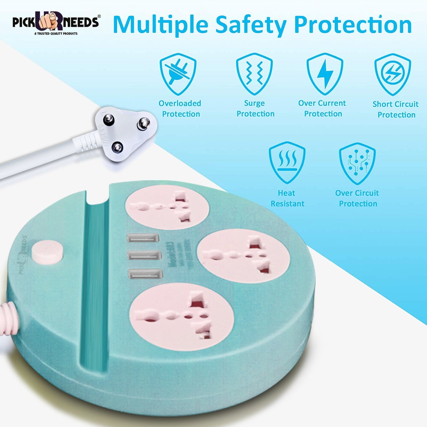 Pick Ur Needs Extension Cord Board with 3 USB Charging Ports and 3 Socket -10 Amp Heavy Duty for Multiple Devices Smartphone Tablet Laptop