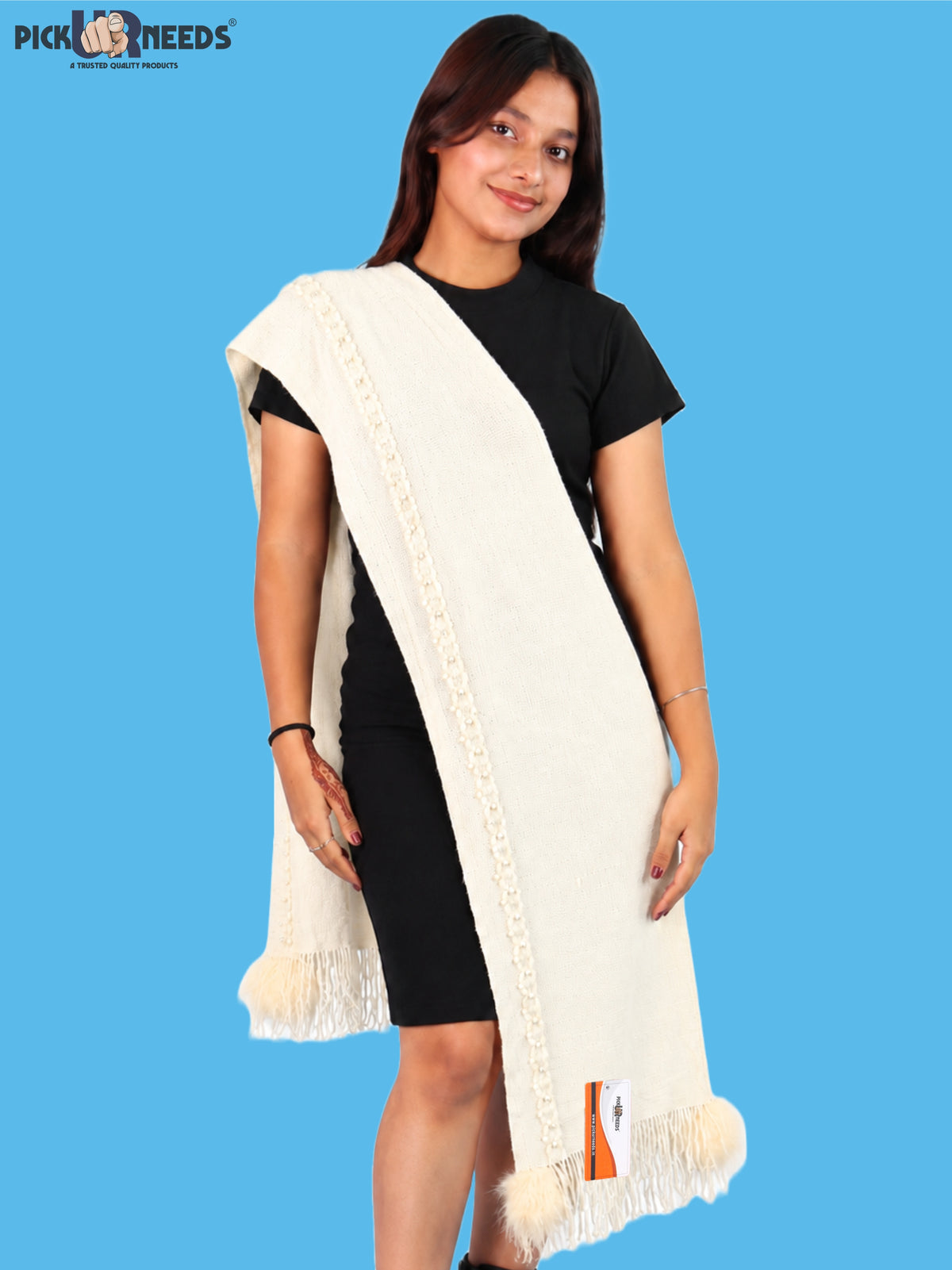 Pick Ur Needs Women & Girls Elegant Woolen Shawl with Beaded Border & Fringed Ends, Soft Warm Lightweight Winter Wrap Stole