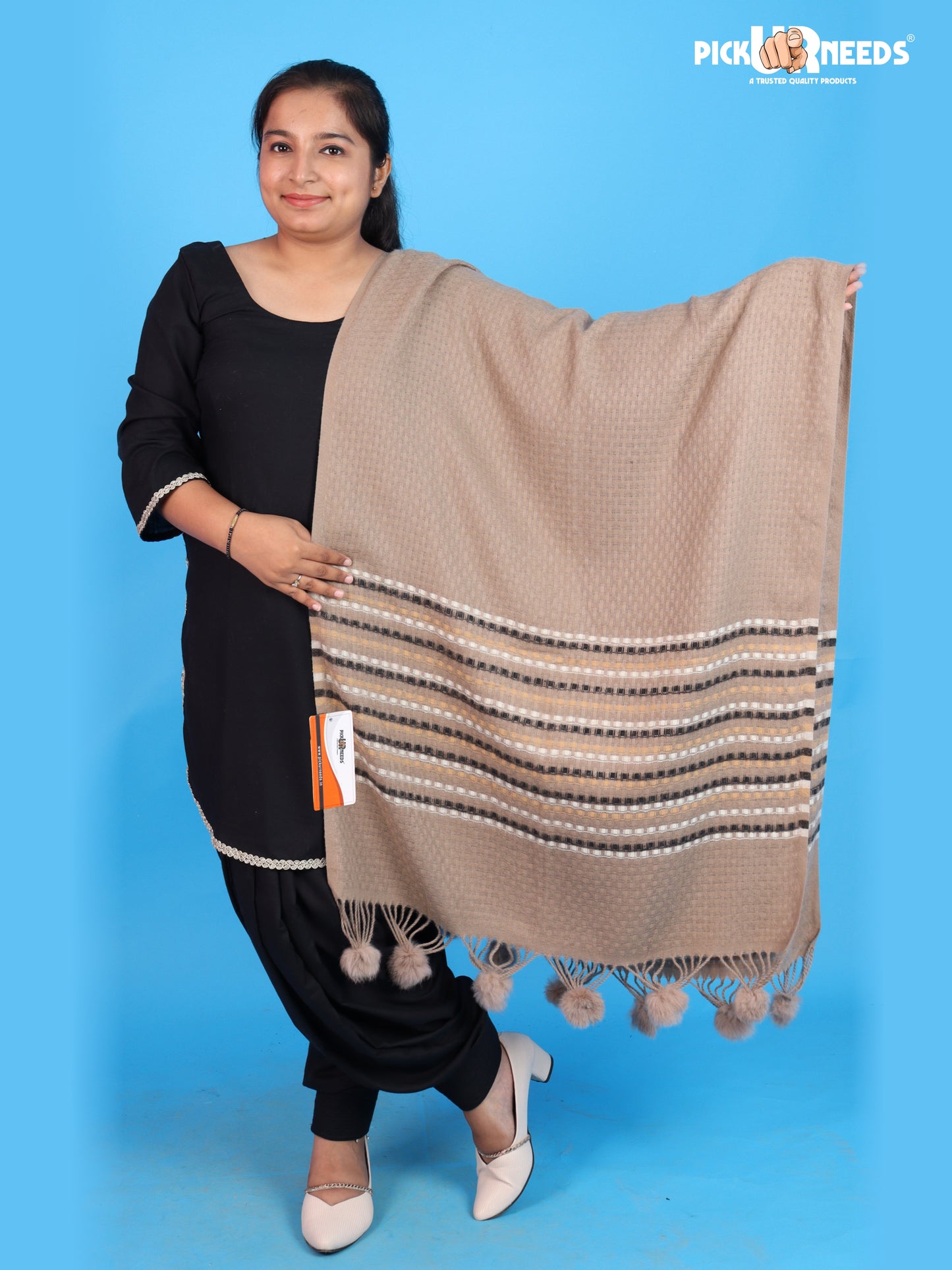 Pick Ur Needs Girls Designer Winter Shawl with Stylish Striped Pattern Textured Shoulder Wrap with Pom Pom Tassels Elegant Stole for Women Party, Casual & Ethnic Wear