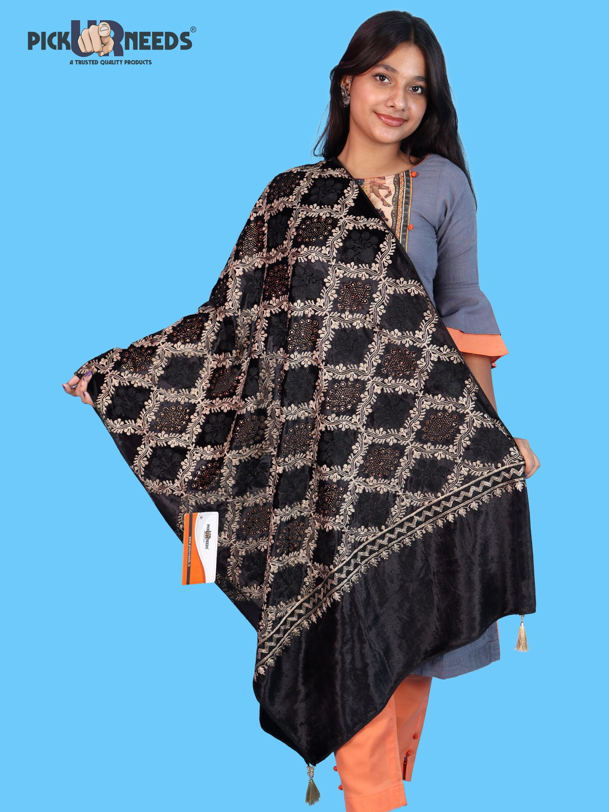 Pick Ur Needs Womens Velvet Woolen Girls Shawl with Elegant Embroidered Design, Warm Winter Wrap for Wedding Parties, Festive Occasions