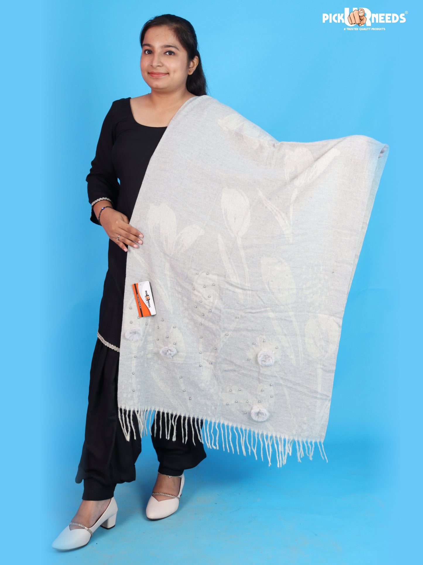 Pick Ur Needs Ladies Premium Printed Winter Shawl with Floral Pattern, Decorative Bead Detailing, Soft Warm Wrap with Fringe Tassels for Women & Girls