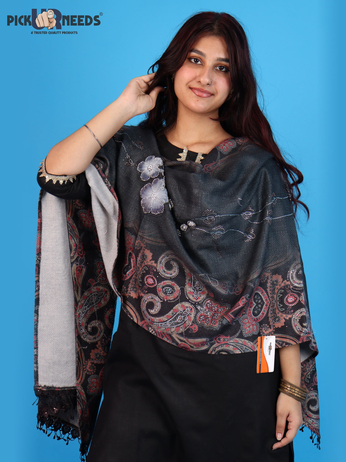 Pick Ur Needs Womens Designer Winter Elegant Floral Embellished Paisley Print Girls Shawl with Decorative Fringe Border