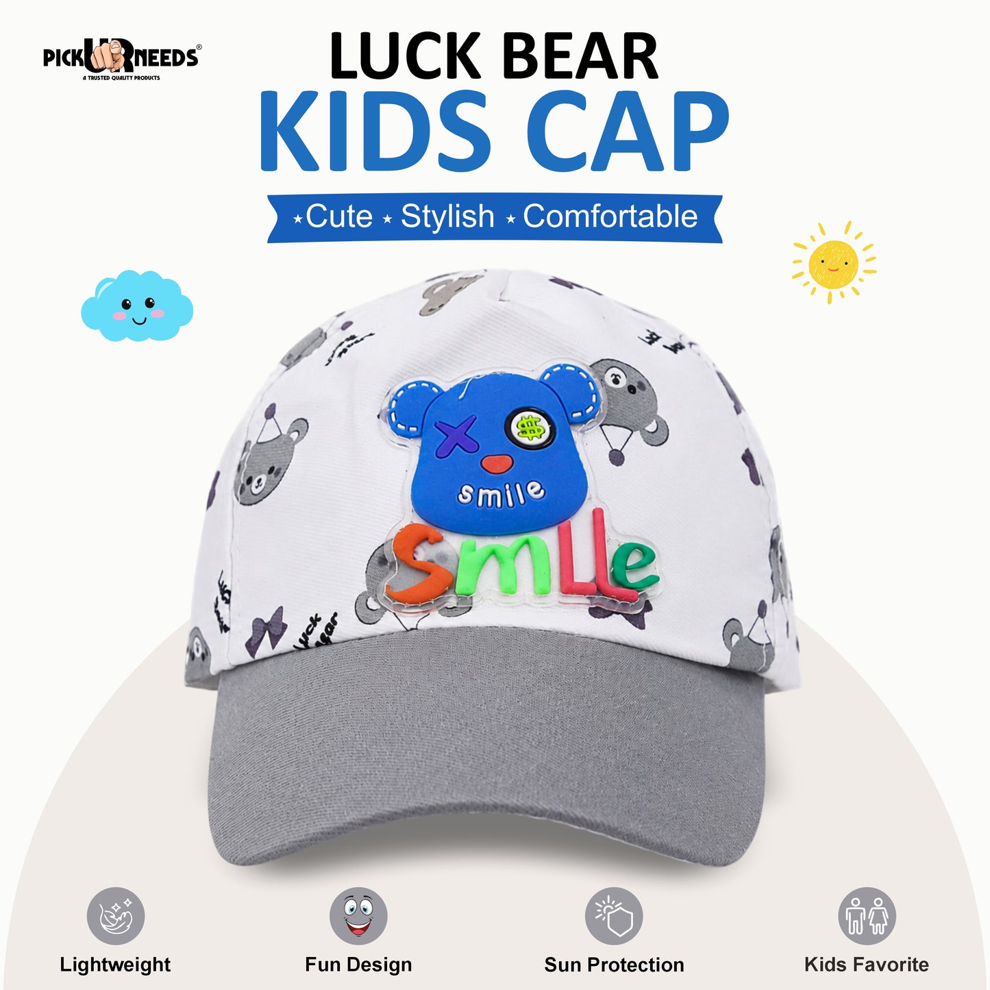 Pick Ur Needs Cute Smile Bear Kids Baseball Cartoon Printed Adjustable Cap for Boys & Girls Lightweight Hat