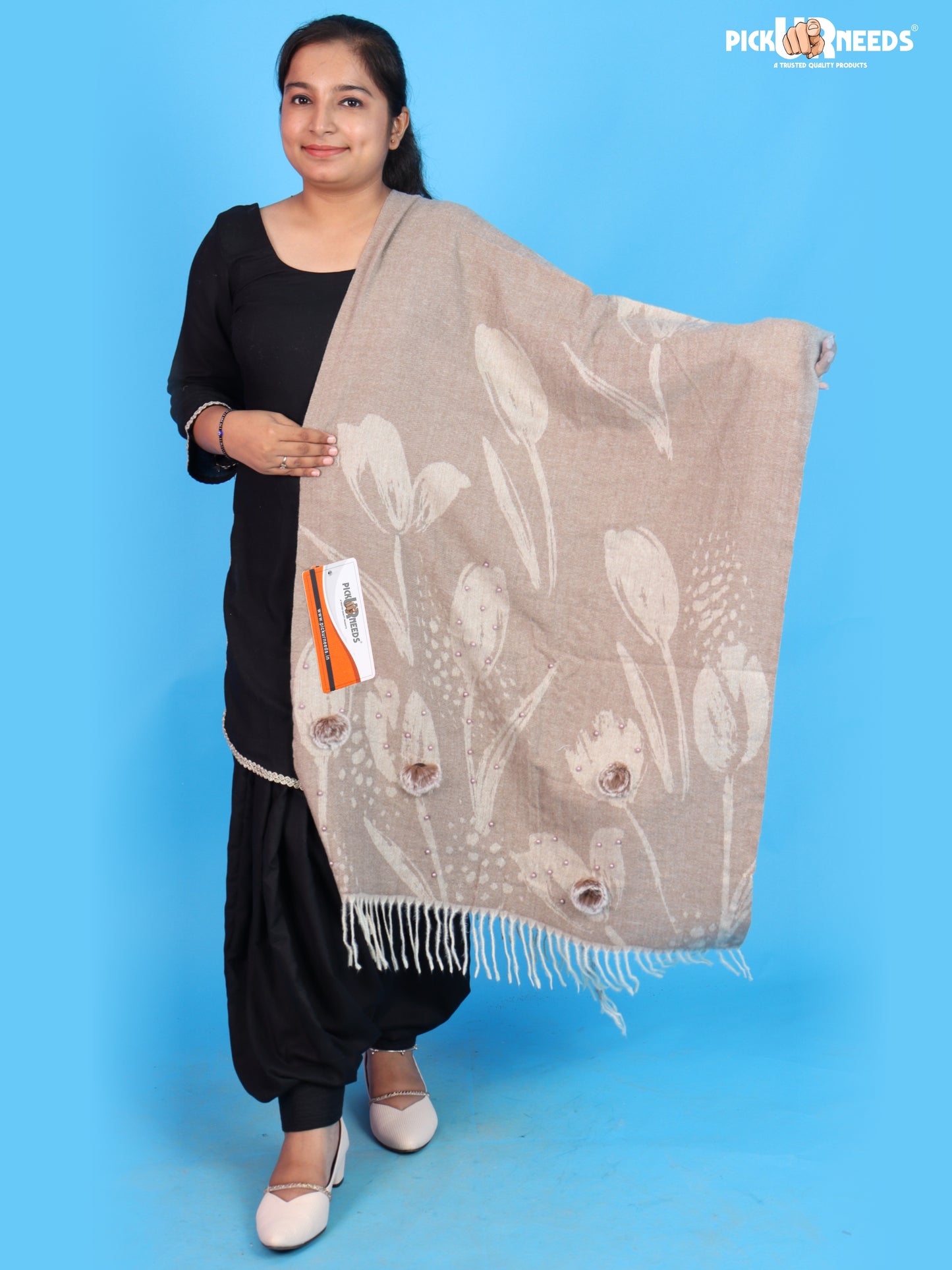 Pick Ur Needs Ladies Premium Printed Winter Shawl with Floral Pattern, Decorative Bead Detailing, Soft Warm Wrap with Fringe Tassels for Women & Girls