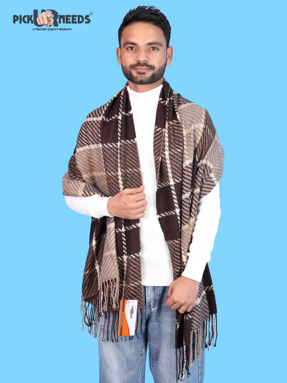Pick Ur Needs Premium Winter Shawl & Muffler for Men & Boys | Soft Warm Checkered Pattern Woolen Style Stole Stylish Long Scarf with Fringed Ends Comfortable Neck Wrap for Winter Wear