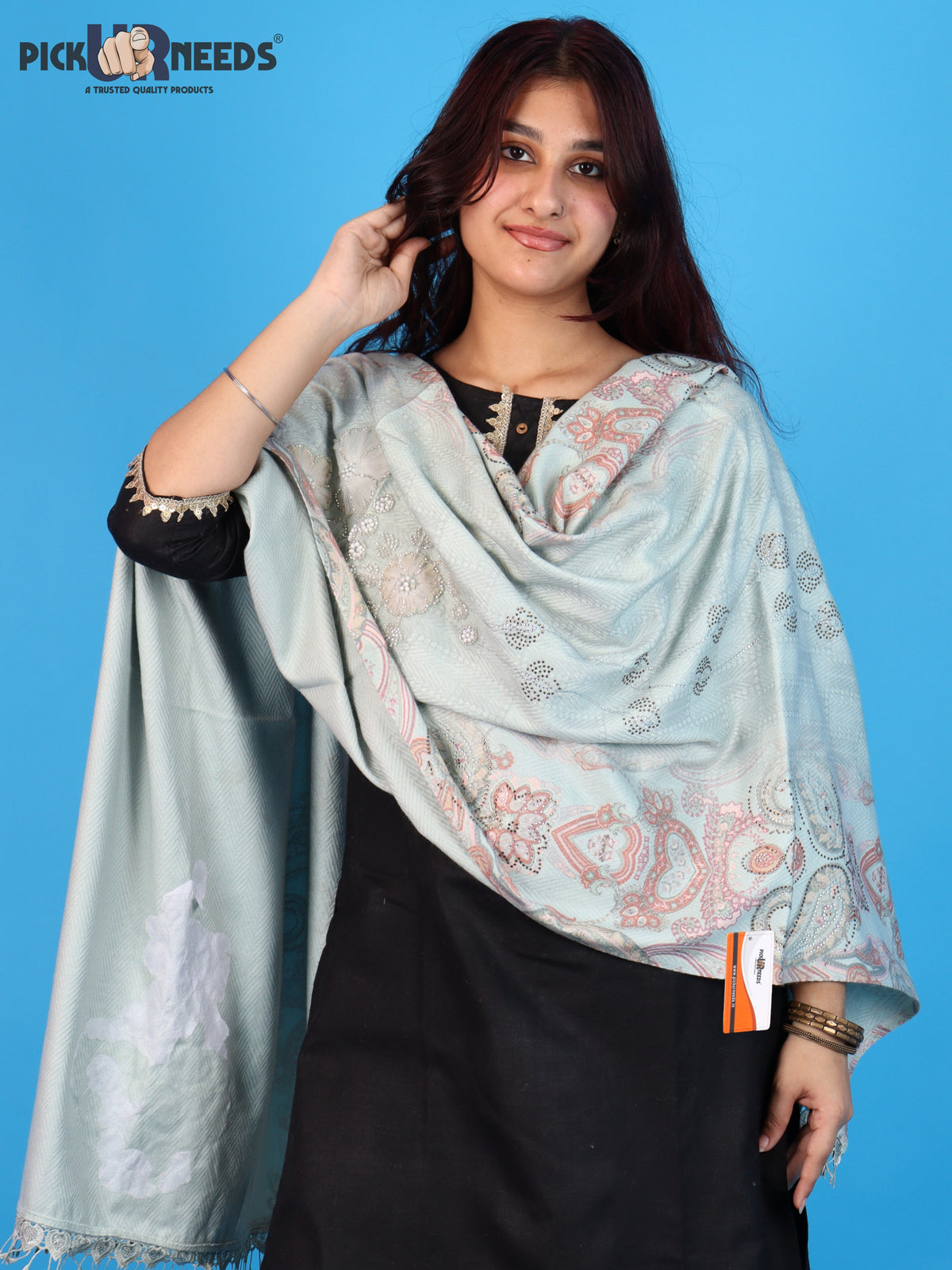 Pick Ur Needs Womens Designer Winter Elegant Floral Embellished Paisley Print Girls Shawl with Decorative Fringe Border