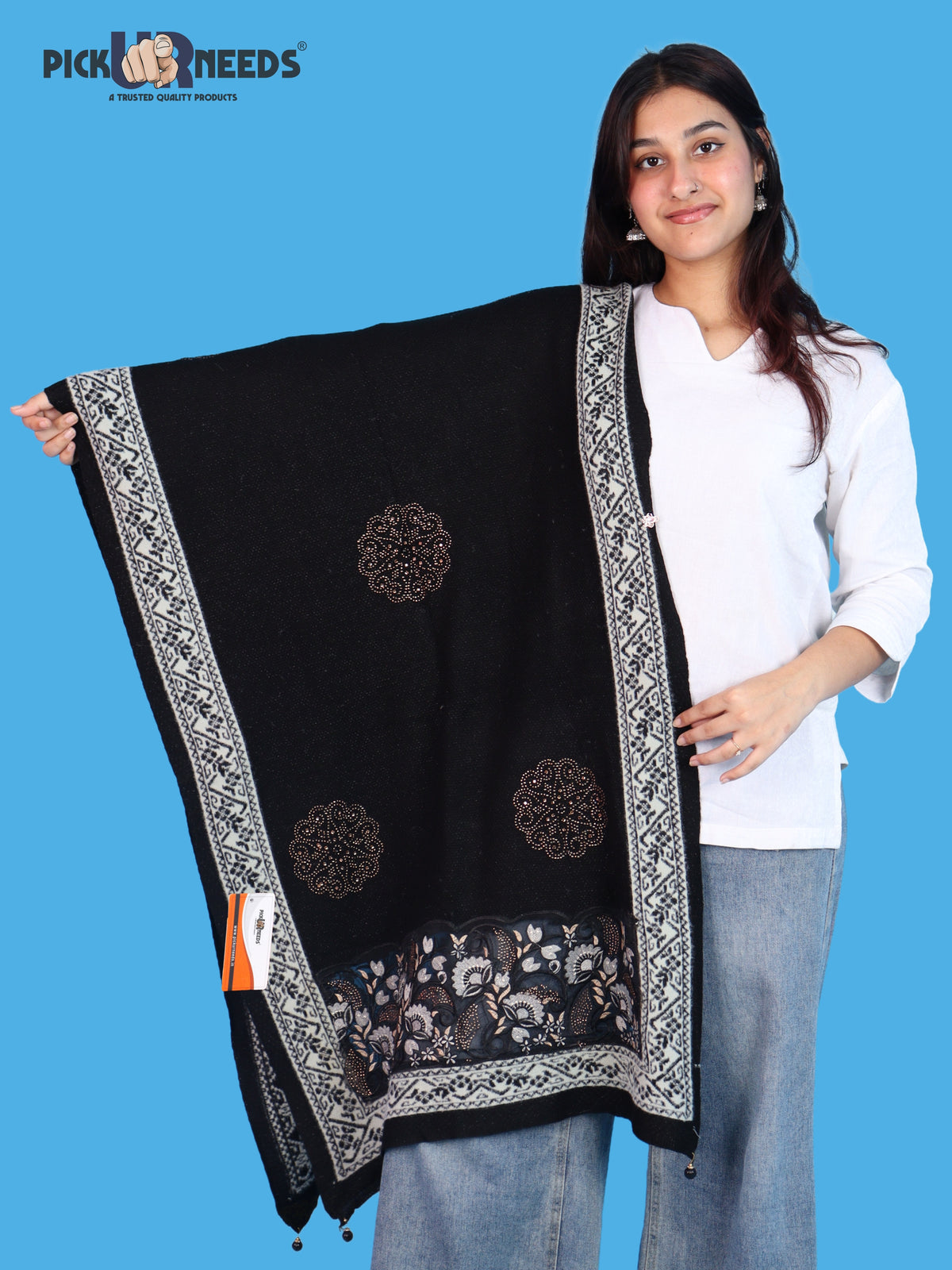 Pick Ur Needs Women Winter Shawl with Net Work Border Shrug & Poncho Style Elegant Winter Wear for Party