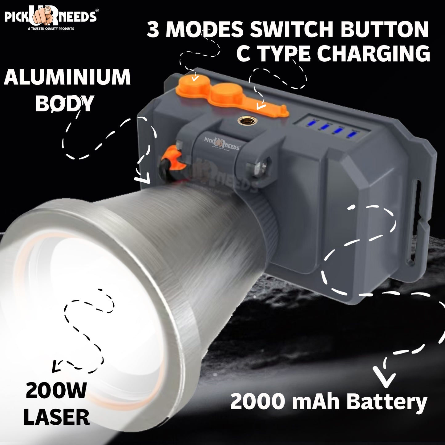 Pick Ur Needs Chargeable Head Lamp 3 Blink Mode Aluminum Body 4000mAh Battery 200W Bright LED 5 hrs Torch Emergency Light