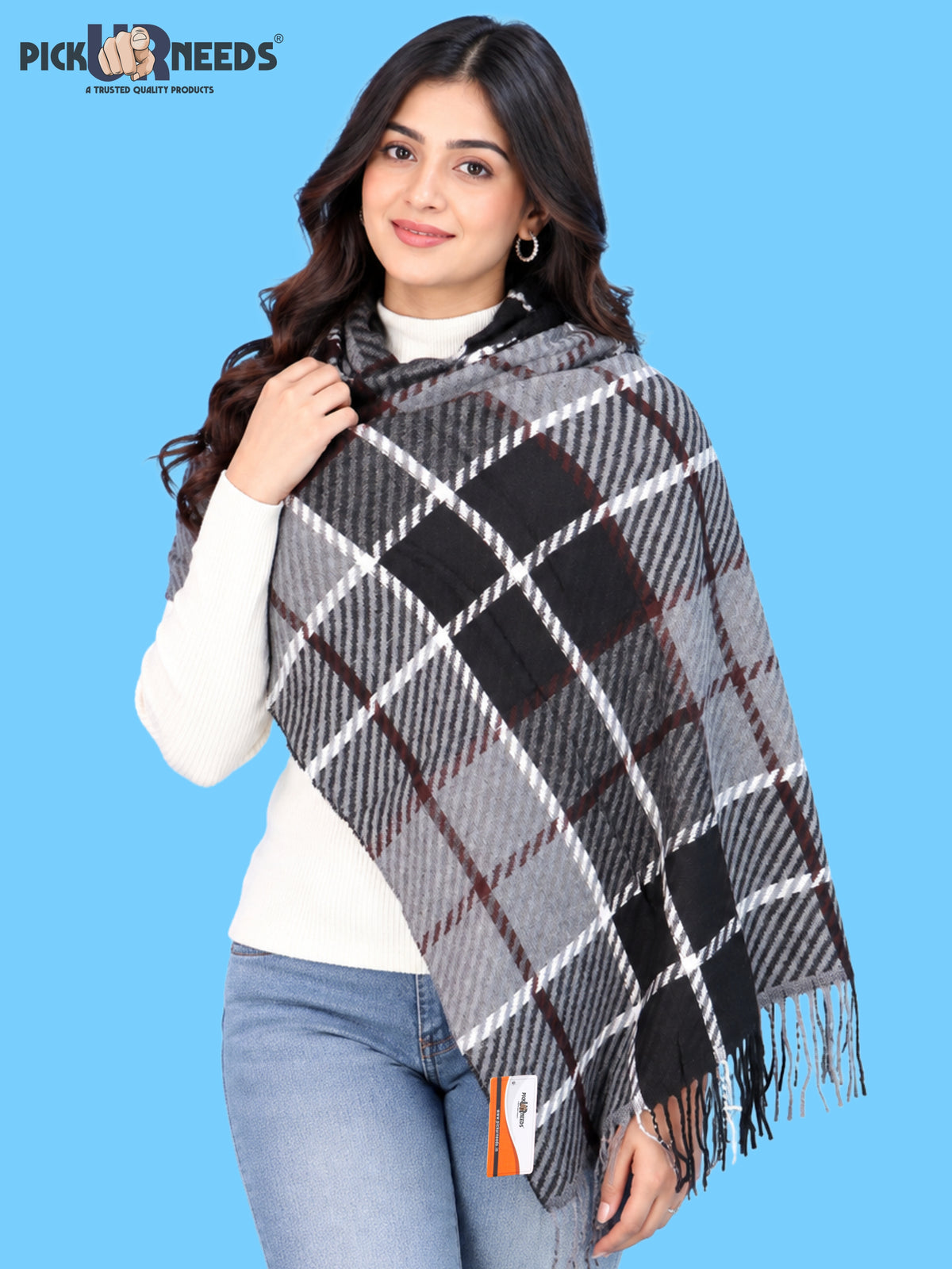 Pick Ur Needs Women's Winter Shawl & Muffler Soft Warm Checkered Printed Stole with Tassels Stylish Neck Wrap Scarf for Women & Girls