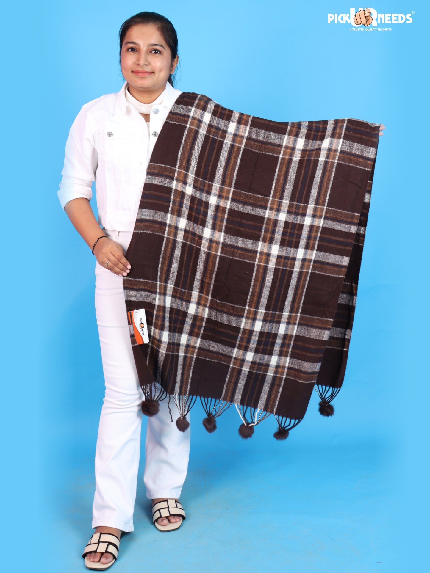 Pick Ur Needs Premium Womens Fashion Stole with Contemporary Check Weave, Decorative Fur Pom Tassels & Multi-Style Winter Wrap Shawl