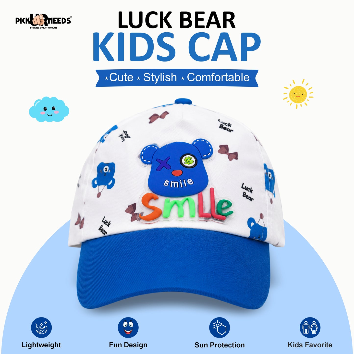 Pick Ur Needs Cute Smile Bear Kids Baseball Cartoon Printed Adjustable Cap for Boys & Girls Lightweight Hat