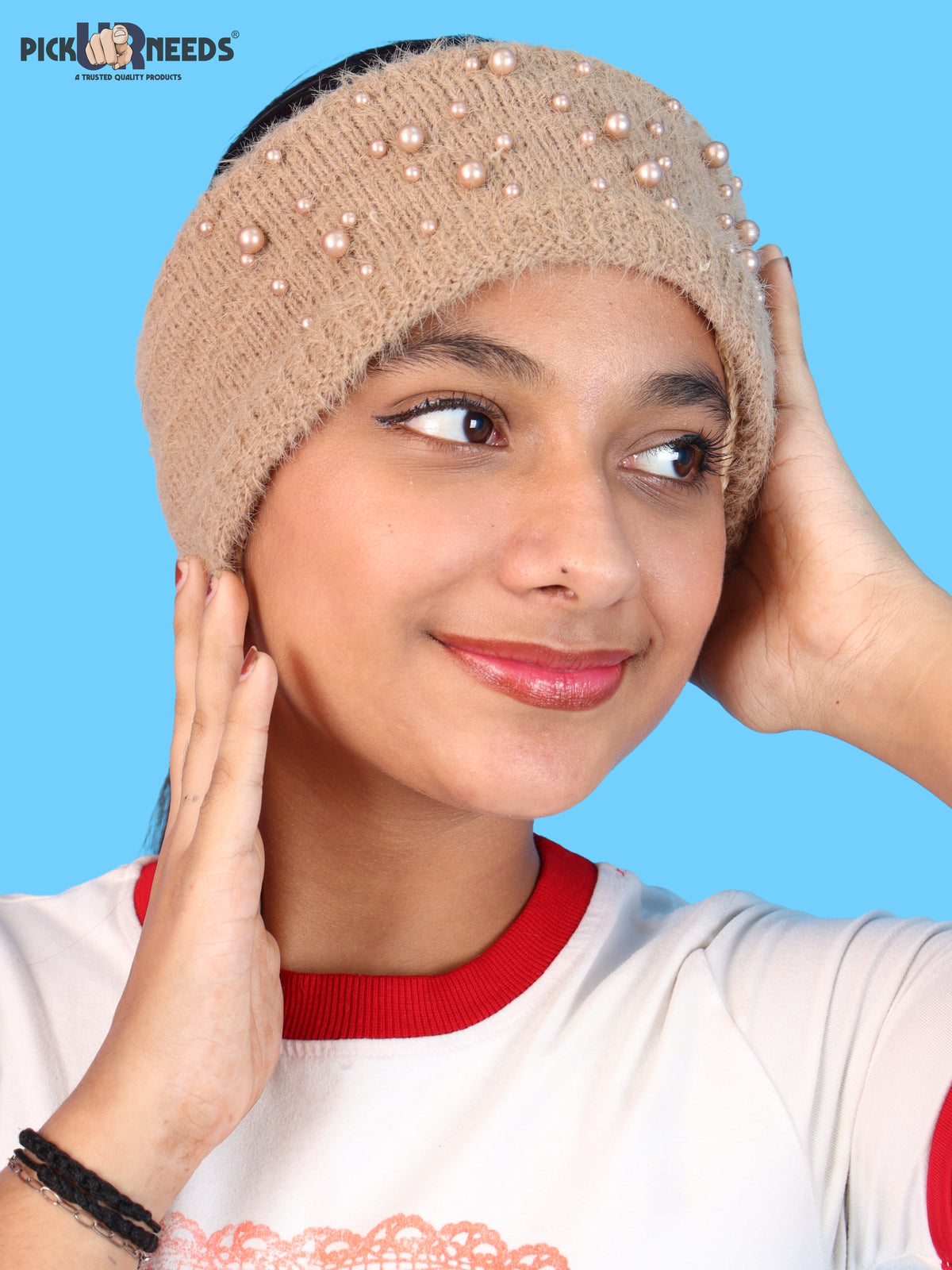 Pick Ur Needs Womens & Girls Soft Woolen Headband with Elegant Pearl Design Warm Stretchable Winter Ear Warmer Kanpatti.