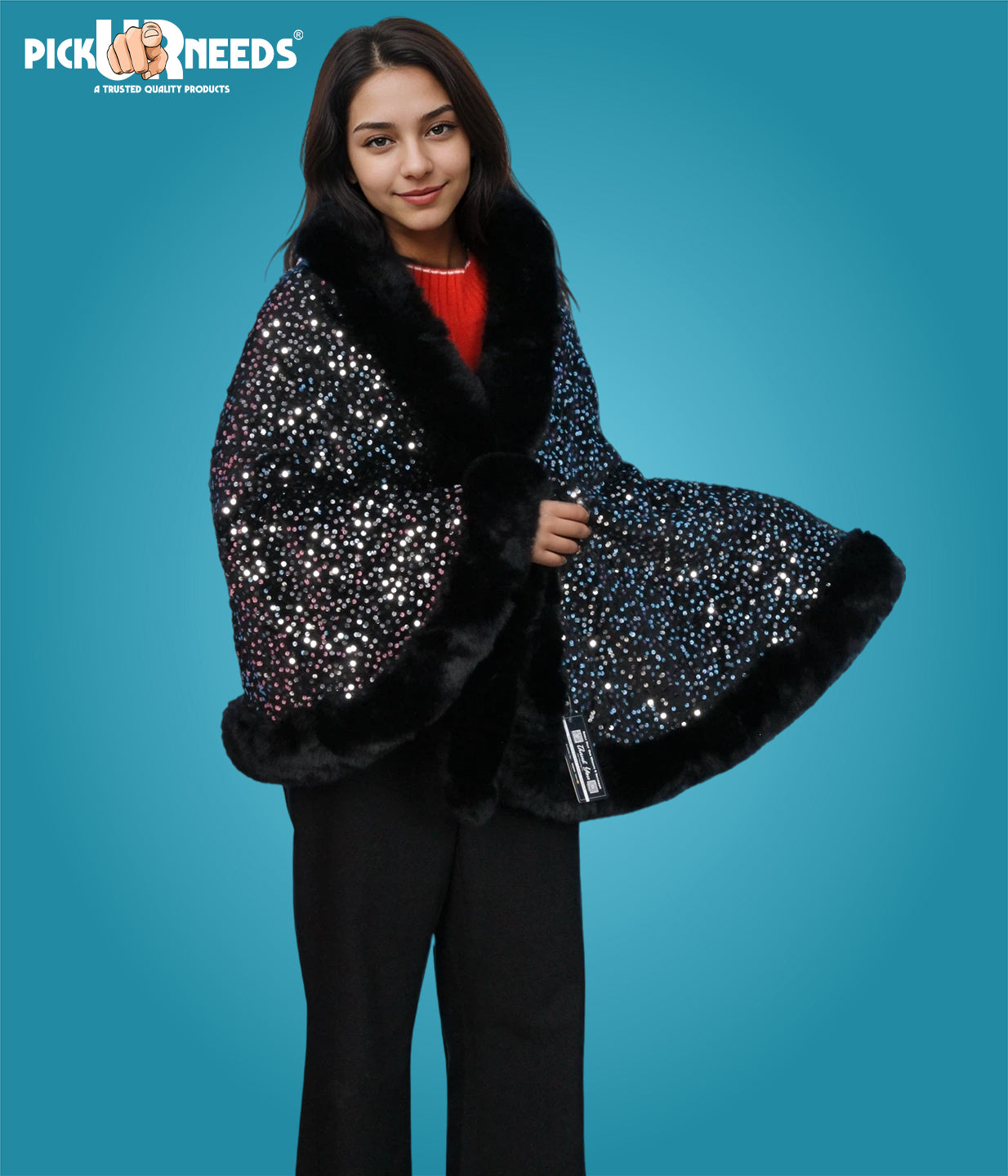 Visit the Pick Ur Needs Store Pick Ur Needs Luxury Sequin Faux Fur Shawl for Women Poncho & Winter Shrug Soft Warm Designer Wrap for Evening Parties