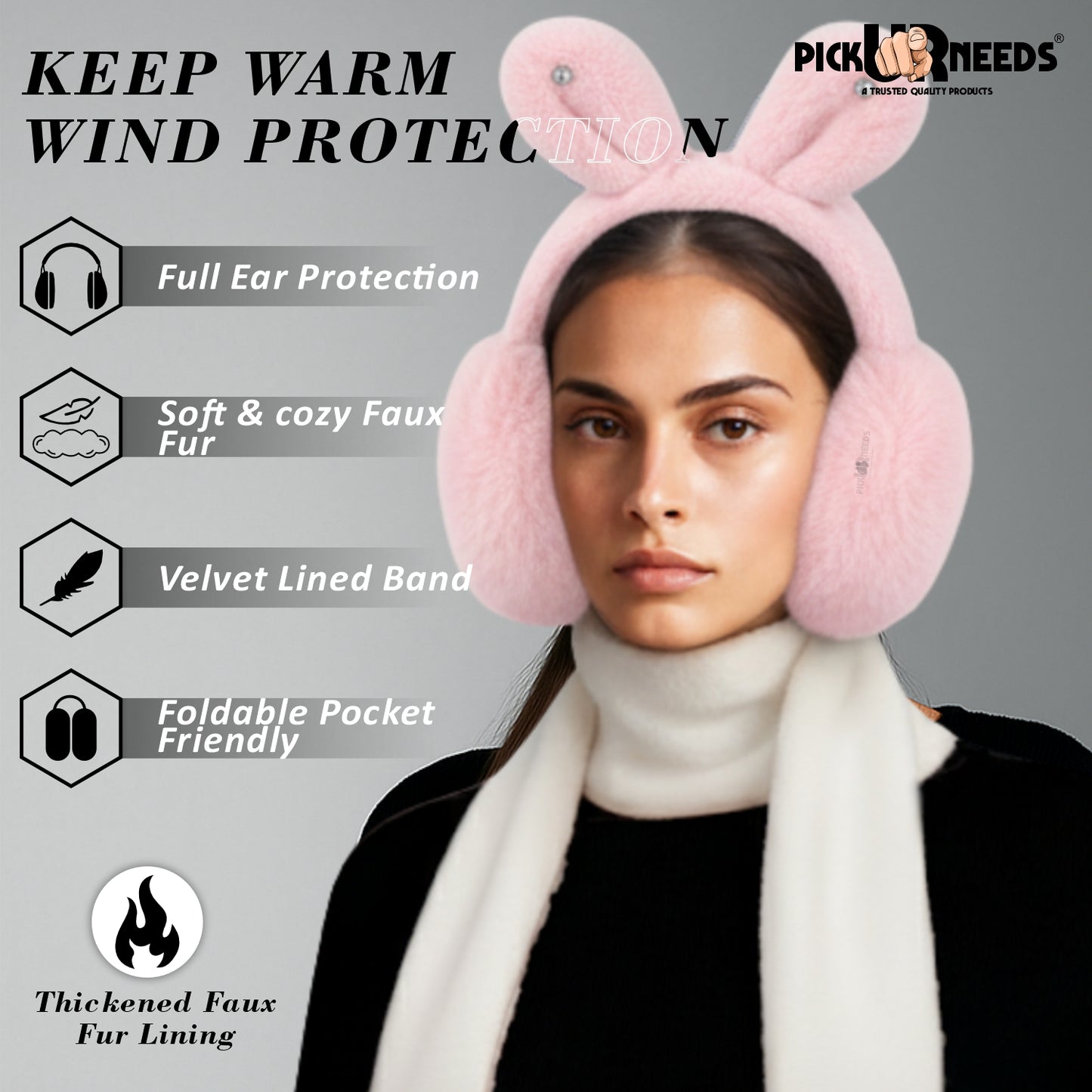 Pick Ur Needs Plush Earmuffs for Women & Girls with Stone Detail – Foldable Ultra-Soft Ear Warmers, Lightweight Winter Ear Muffs, Warm & Comfortable Cold Weather Accessory