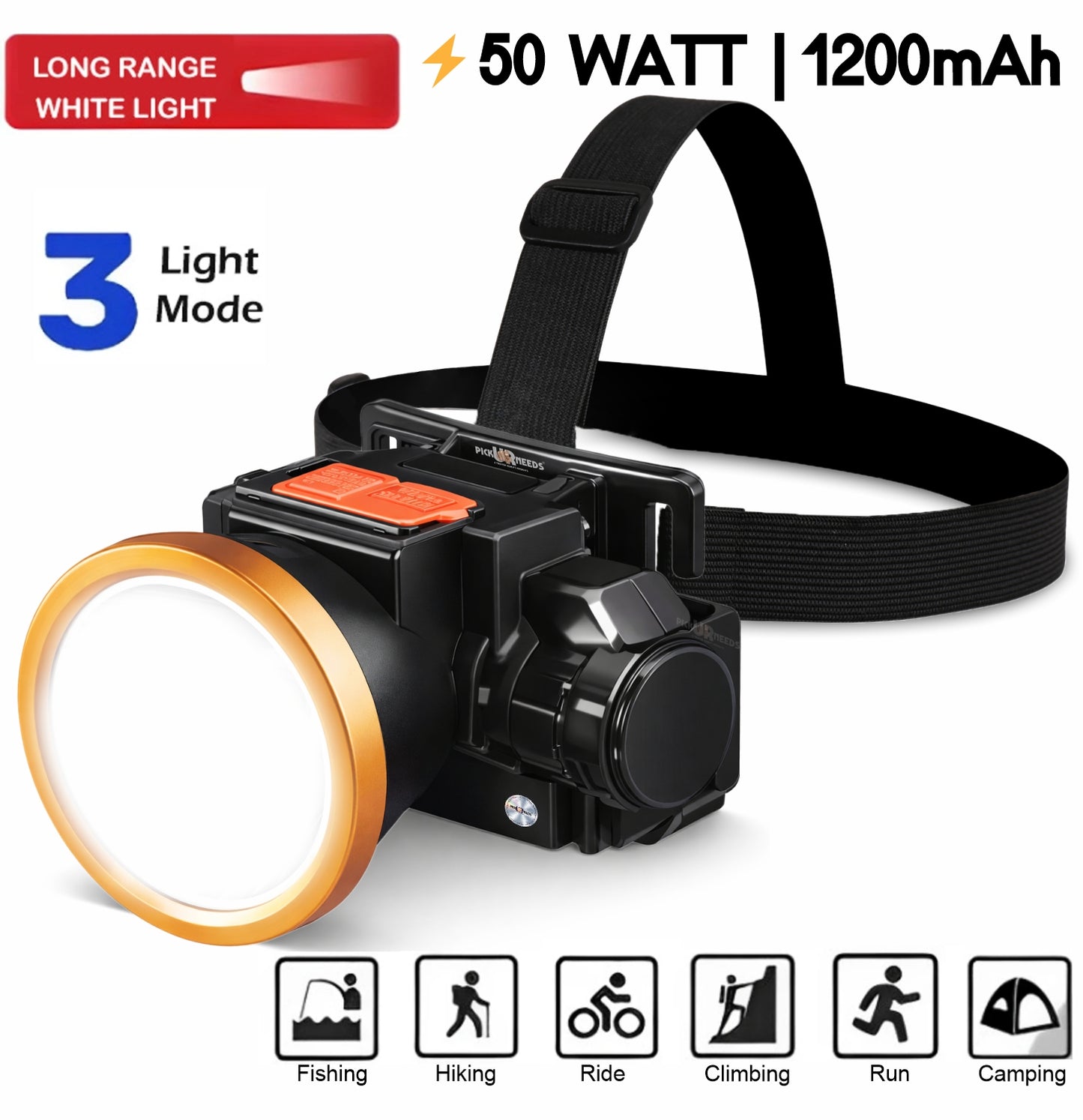 Pick Ur Needs 50W Rechargeable Emergency LED Headlamp Torch | 1200mAh Battery | 3 Light Modes | Long Range White Light | 4H Backup | Type C Charging Head Light for Camping, Fishing & Hiking