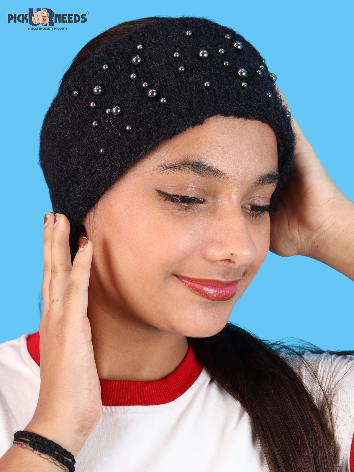 Pick Ur Needs Womens & Girls Soft Woolen Headband with Elegant Pearl Design Warm Stretchable Winter Ear Warmer Kanpatti.