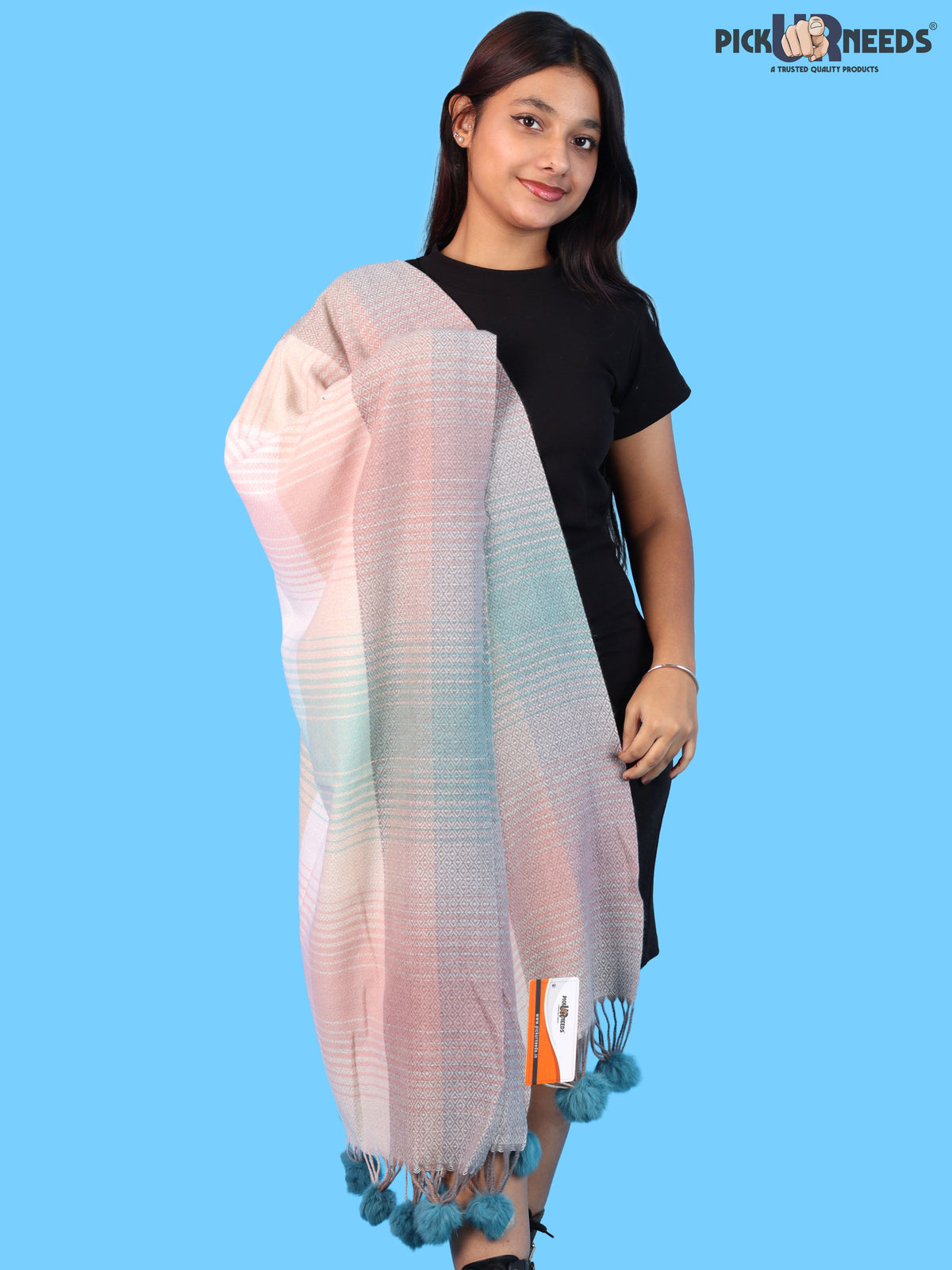 Pick Ur Needs Women & Girls Winter Shawl Soft Warm Striped Pattern Shawl with Tassel & Pom Pom Border Stylish Ladies Winter Wrap