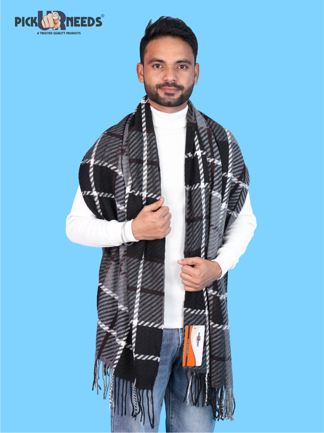 Pick Ur Needs Premium Winter Shawl & Muffler for Men & Boys | Soft Warm Checkered Pattern Woolen Style Stole Stylish Long Scarf with Fringed Ends Comfortable Neck Wrap for Winter Wear