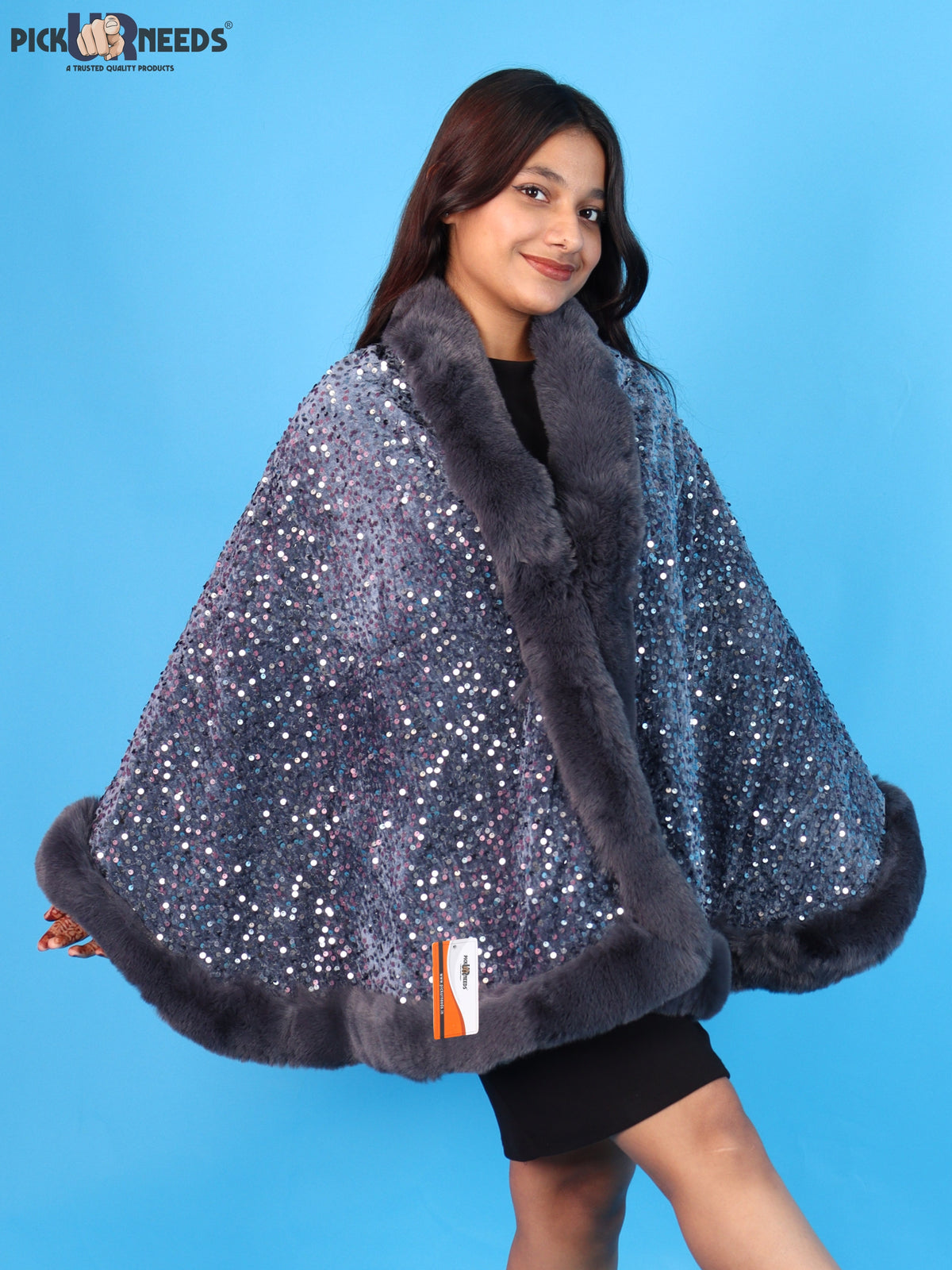 Pick Ur Needs Luxury Shrug for Women Sequin Outerwear with Soft Fur Collar Shawl Evening Wrap Poncho