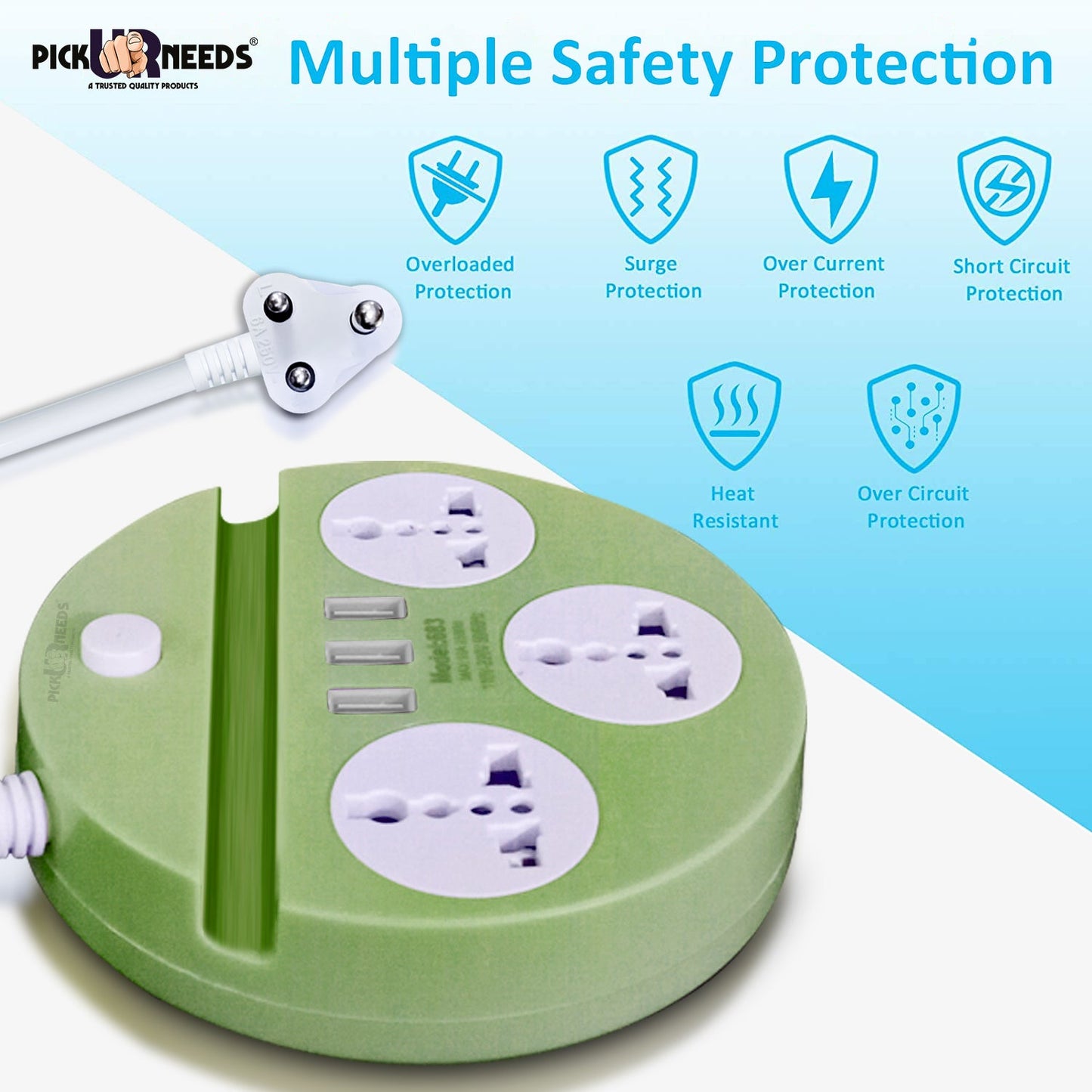 Pick Ur Needs Extension Cord Board with 3 USB Charging Ports and 3 Socket -10 Amp Heavy Duty for Multiple Devices Smartphone Tablet Laptop