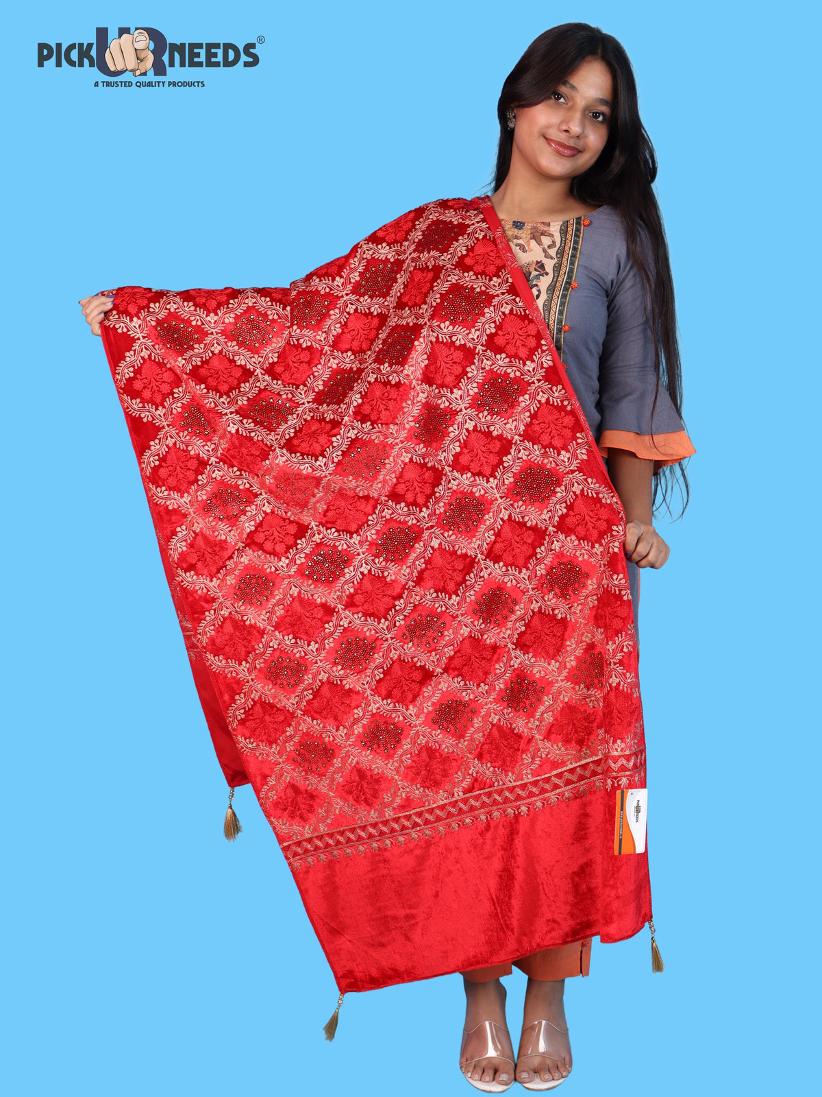 Pick Ur Needs Womens Velvet Woolen Girls Shawl with Elegant Embroidered Design, Warm Winter Wrap for Wedding Parties, Festive Occasions