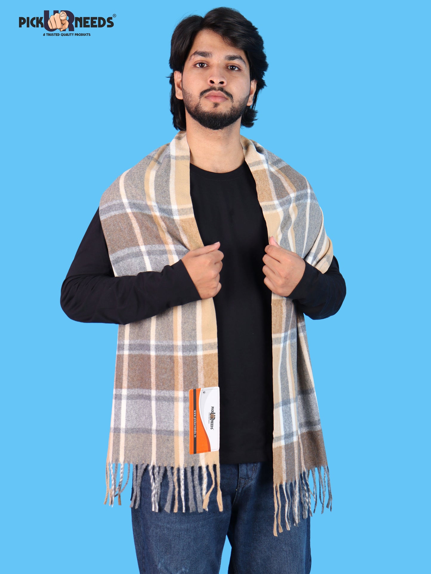 Pick Ur Needs Men’s Winter Muffler Shawl Soft Warm Checkered Scarf with Fringes  Stylish Neck Wrap for Men & Boys  Winter Wear Accessory