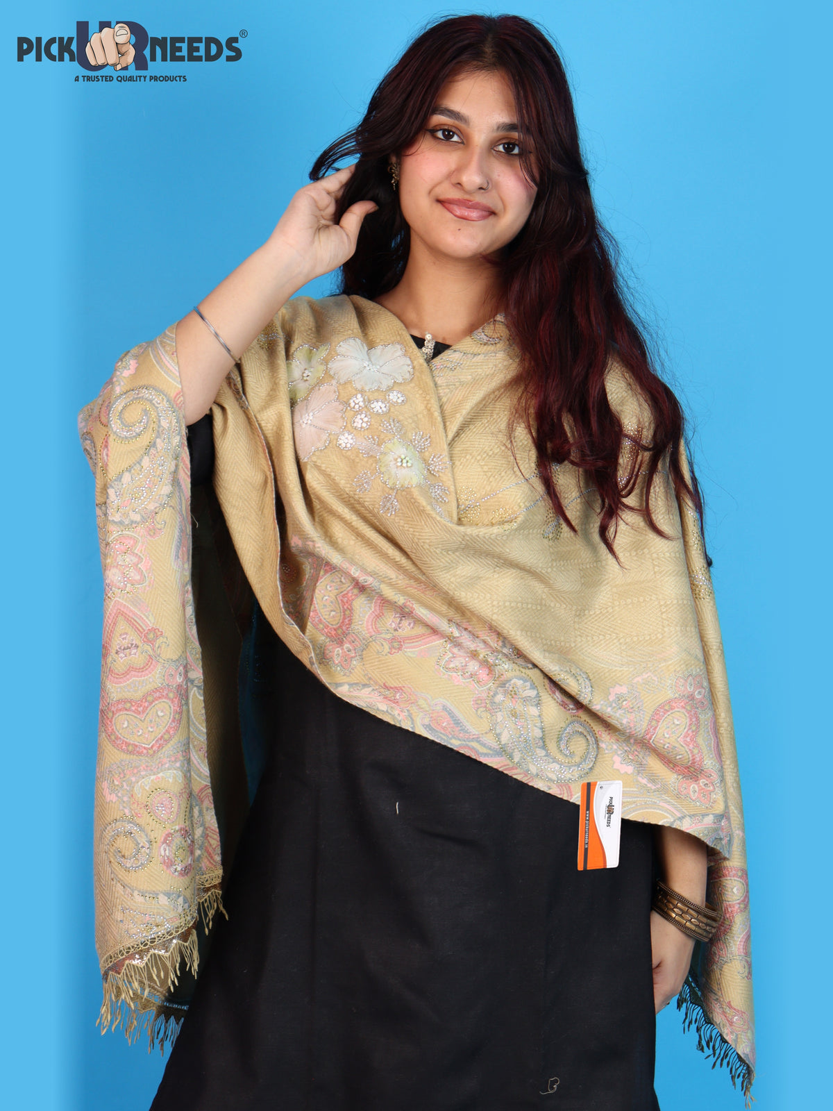 Pick Ur Needs Womens Designer Winter Elegant Floral Embellished Paisley Print Girls Shawl with Decorative Fringe Border
