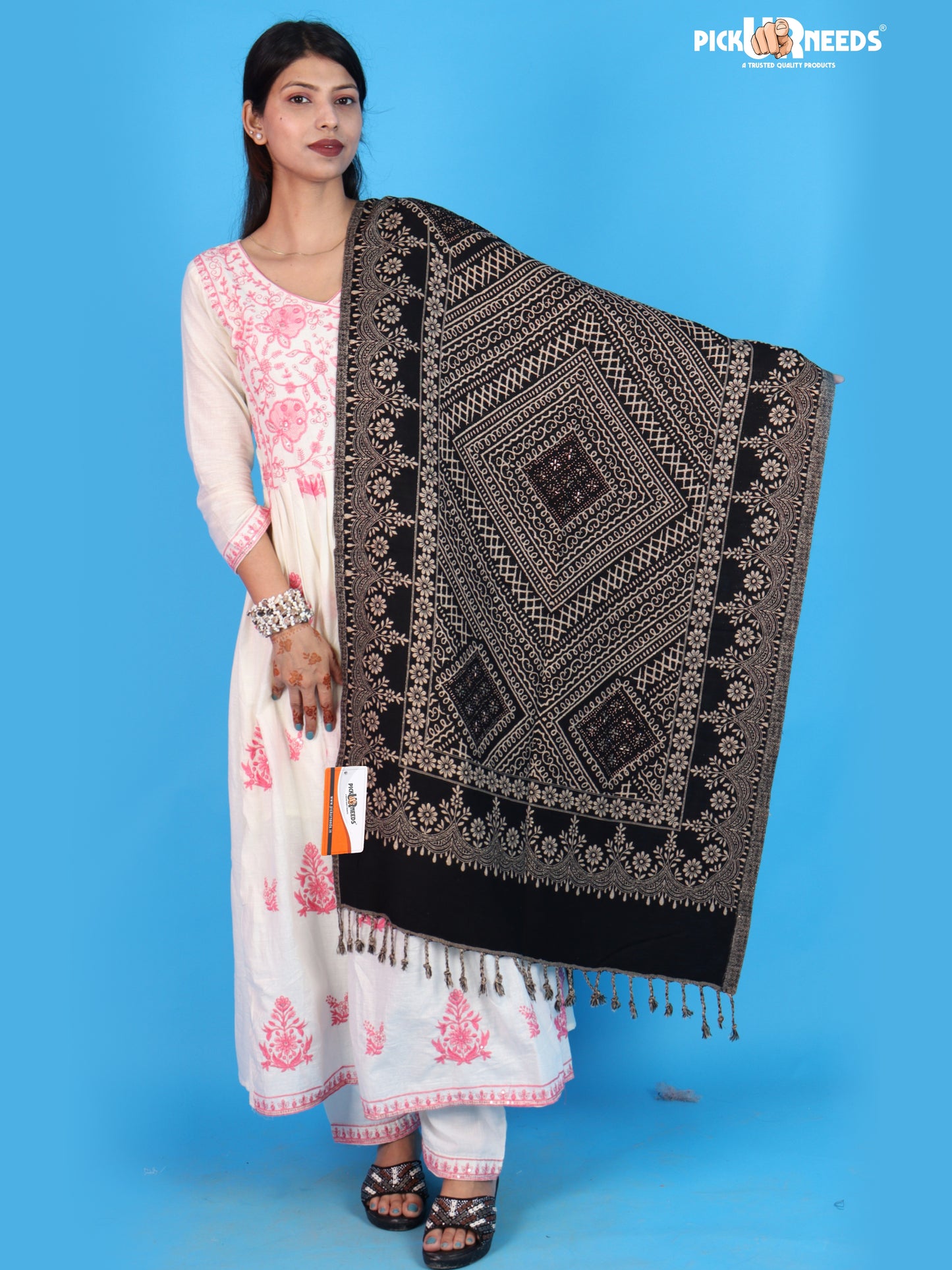 Pick Ur Needs Womens Elegant Embroidered Pattern Shawl Statement Wrap with Artistic Motif Work & Fringe Detailing Girls Stole for Ethnic and Casual Styling