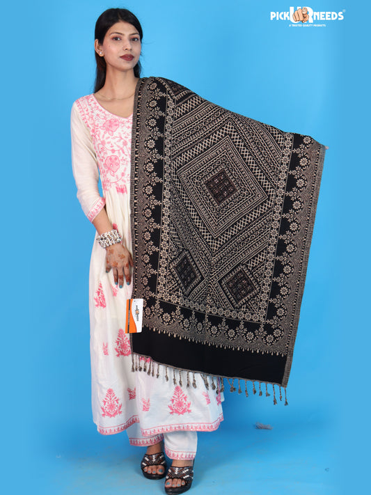 Pick Ur Needs Womens Elegant Embroidered Pattern Shawl Statement Wrap with Artistic Motif Work & Fringe Detailing Girls Stole for Ethnic and Casual Styling