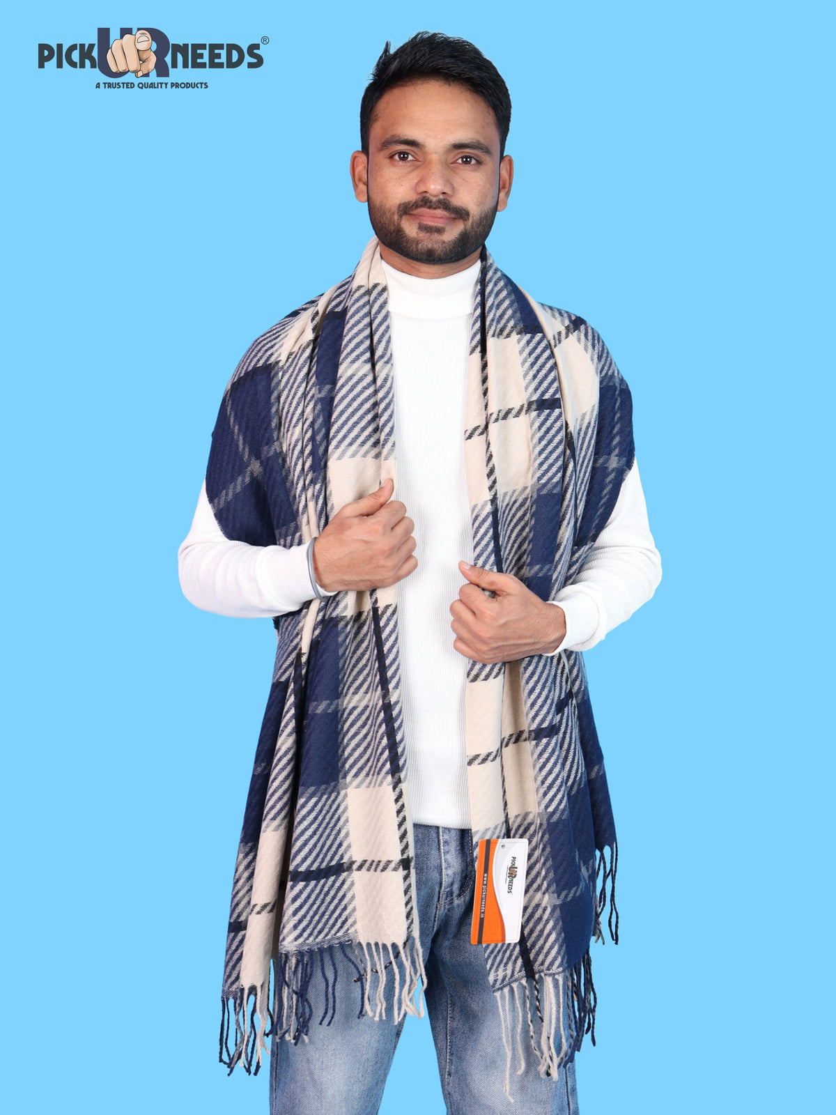 Pick Ur Needs Premium Winter Shawl & Muffler for Men & Boys | Soft Warm Checkered Pattern Woolen Style Stole Stylish Long Scarf with Fringed Ends Comfortable Neck Wrap for Winter Wear