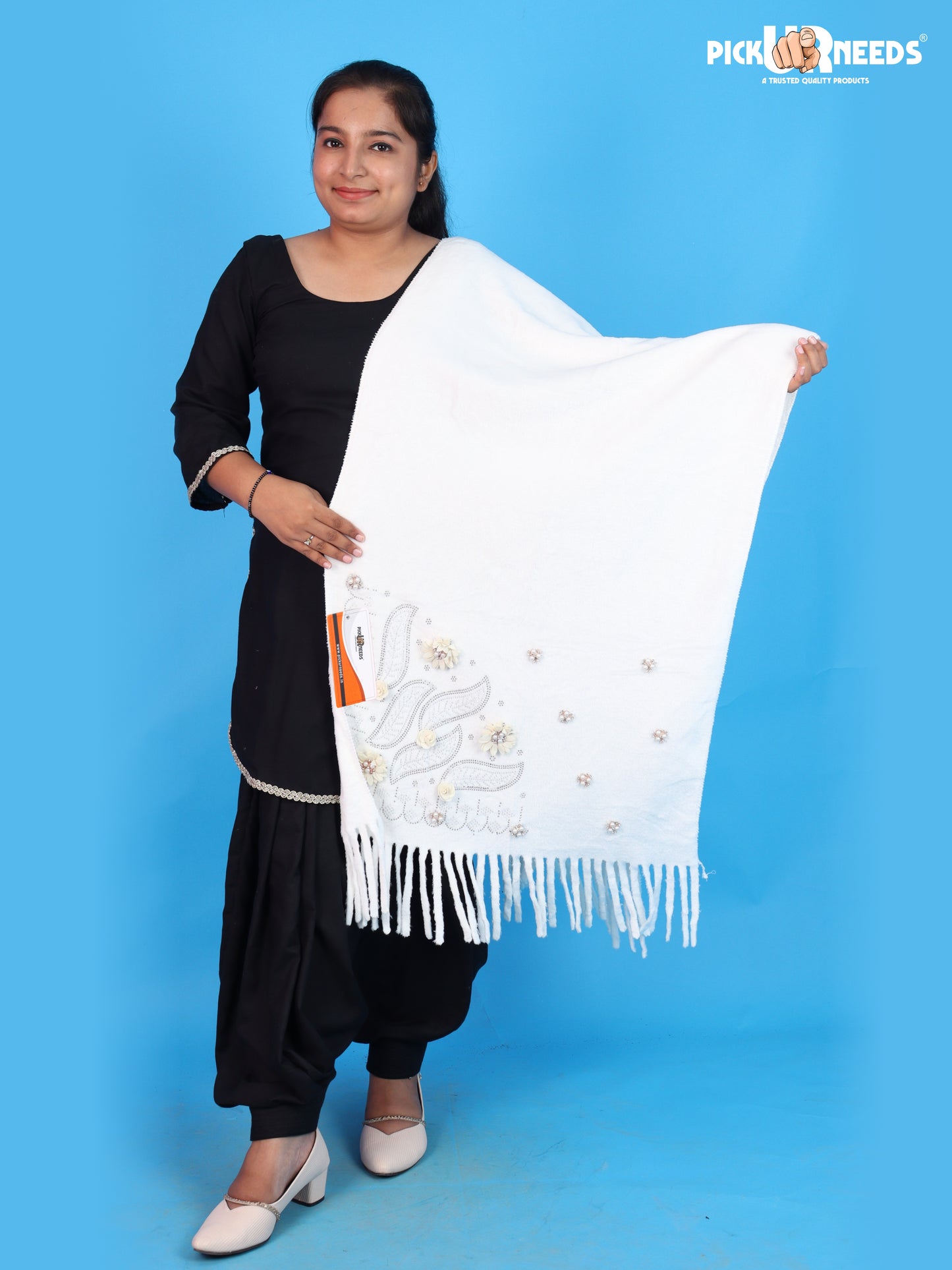 Pick Ur Needs Girls Embroidered Shawl Stylish Floral Embellished Winter Stole with Decorative Fringe Tassels Elegant Shoulder Wrap for Women