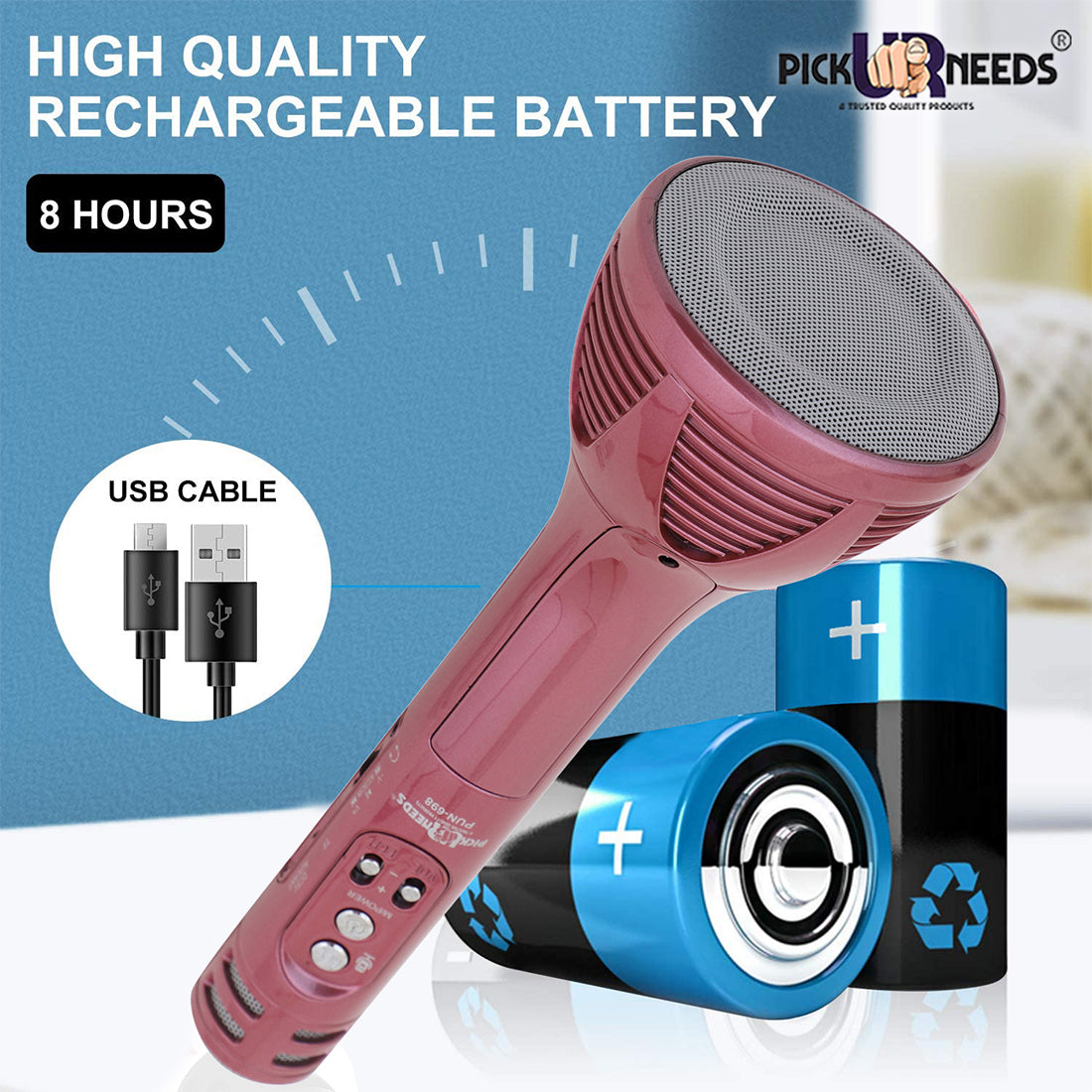 Pick Ur Needs Karaoke Mic with Led Light Wireless Bluetooth Microphone Connection Player Speaker 2-in1 with Recording + USB+FM