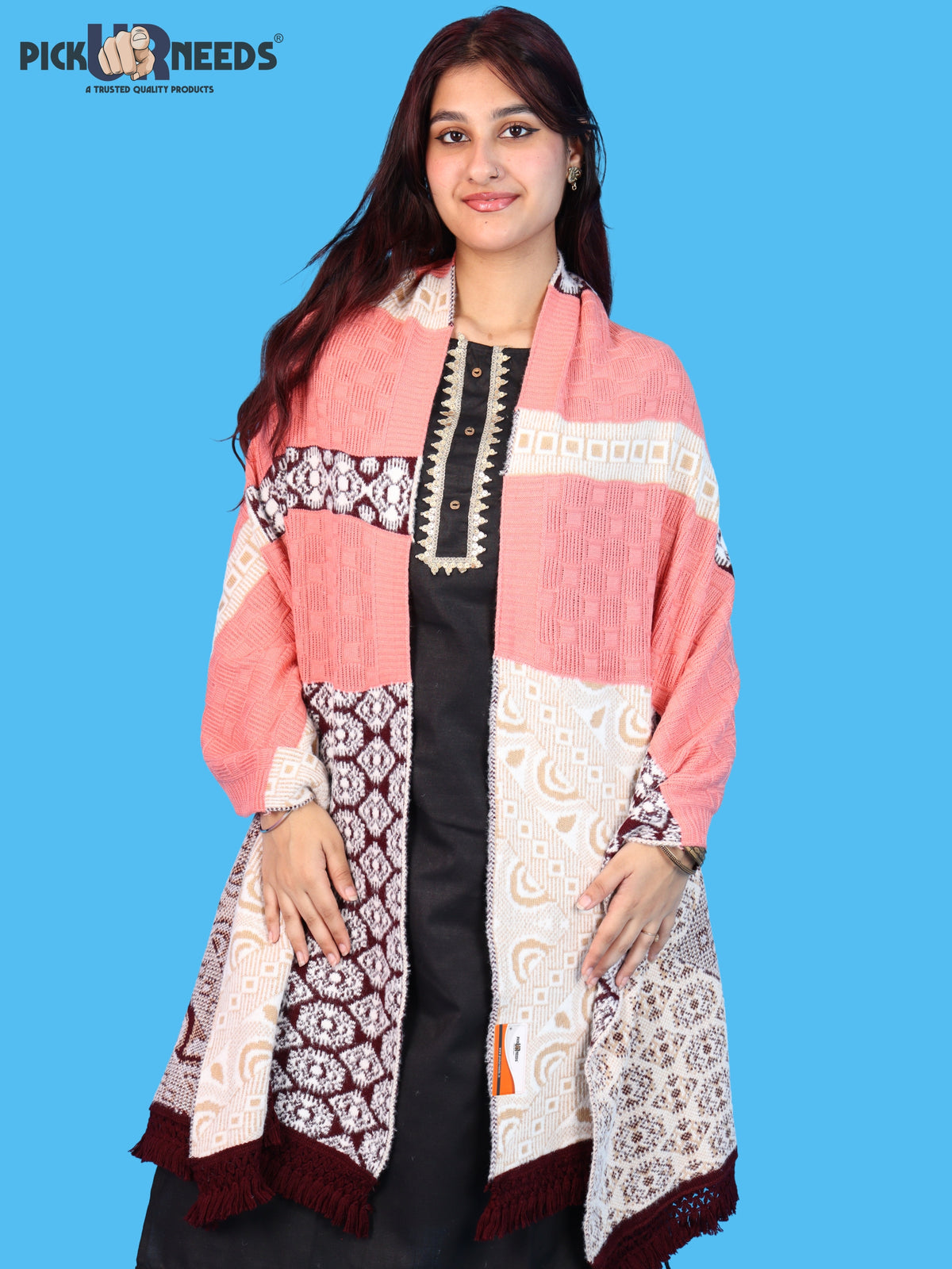 Pick Ur Needs Winter Girls & Womens Woolen Shawl, Soft Warm Printed Wrap with Elegant Pattern & Fringe Border