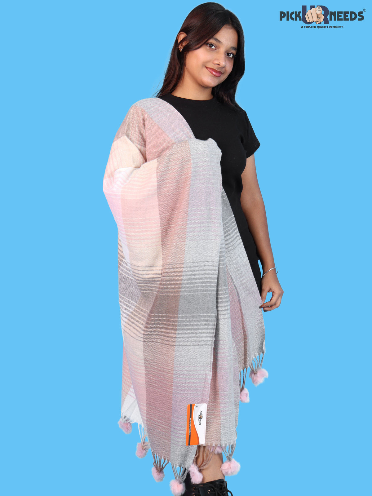 Pick Ur Needs Women & Girls Winter Shawl Soft Warm Striped Pattern Shawl with Tassel & Pom Pom Border Stylish Ladies Winter Wrap