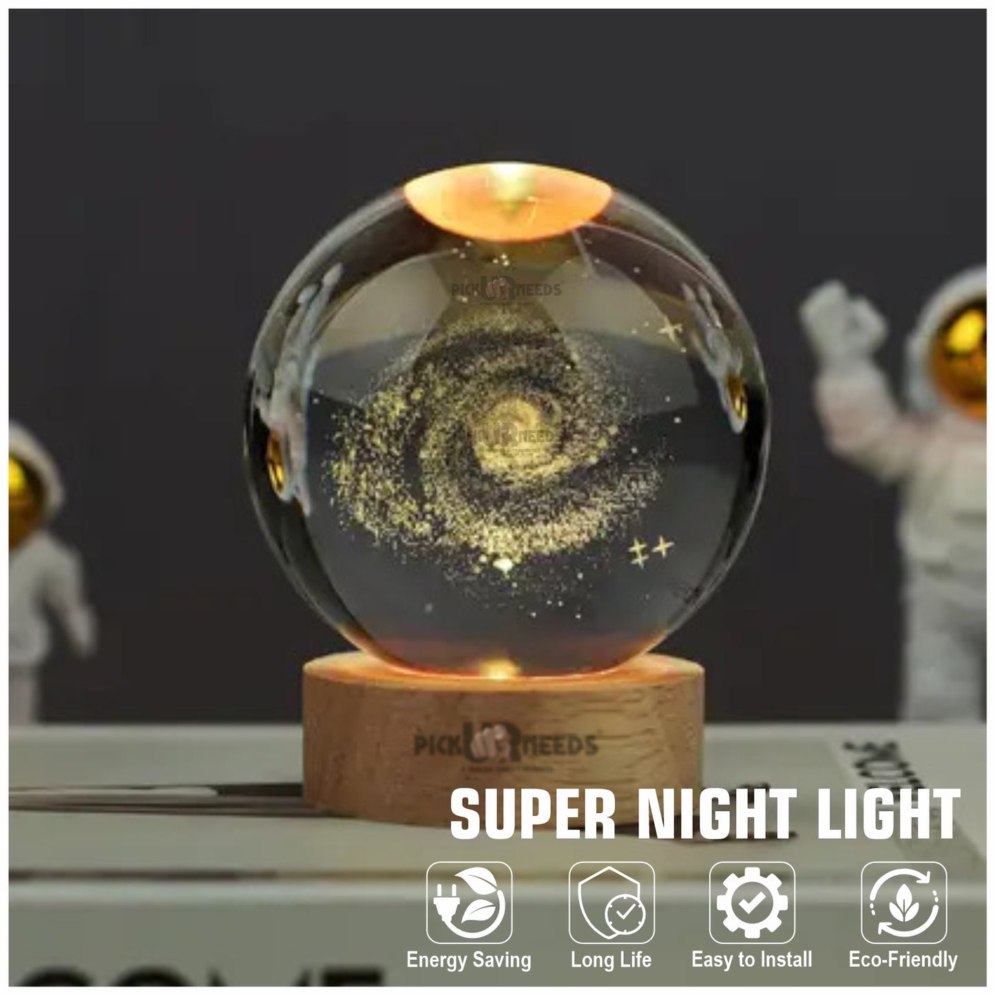 Pick Ur Needs 3D Galaxy Laxmi Ganesh Crystal Ball Night Light– Beech Wood Base– Decor for Home Night Lamp  (9.5 cm, Gold)