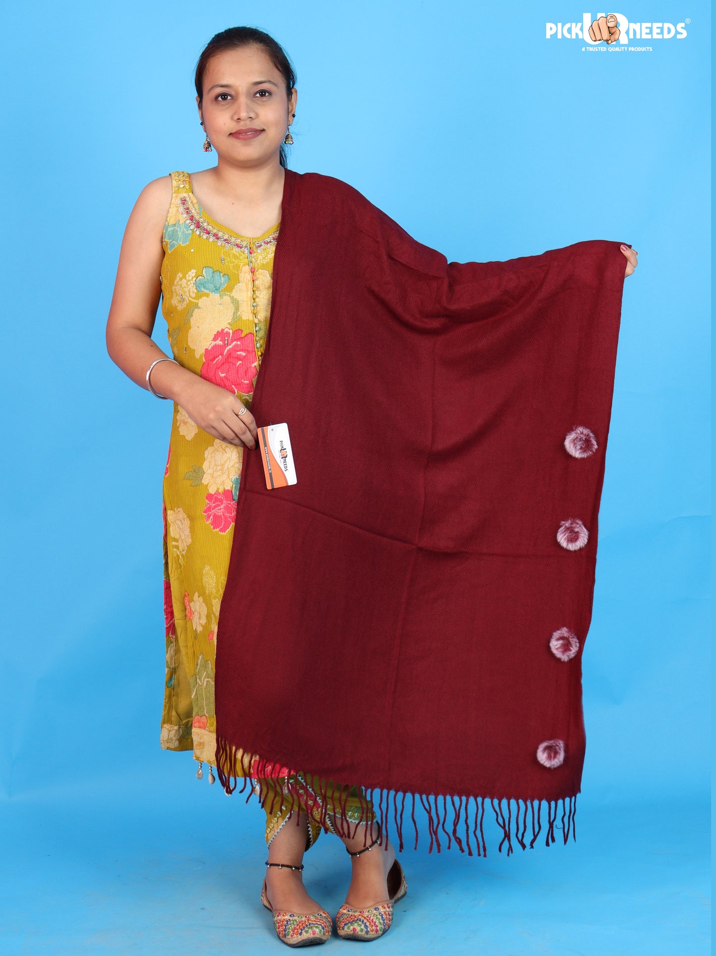 Pick Ur Needs Women Girls Winter Shawl with Pom Pom Detailing & Fringed Edges Lightweight Stole Fashion Wrap
