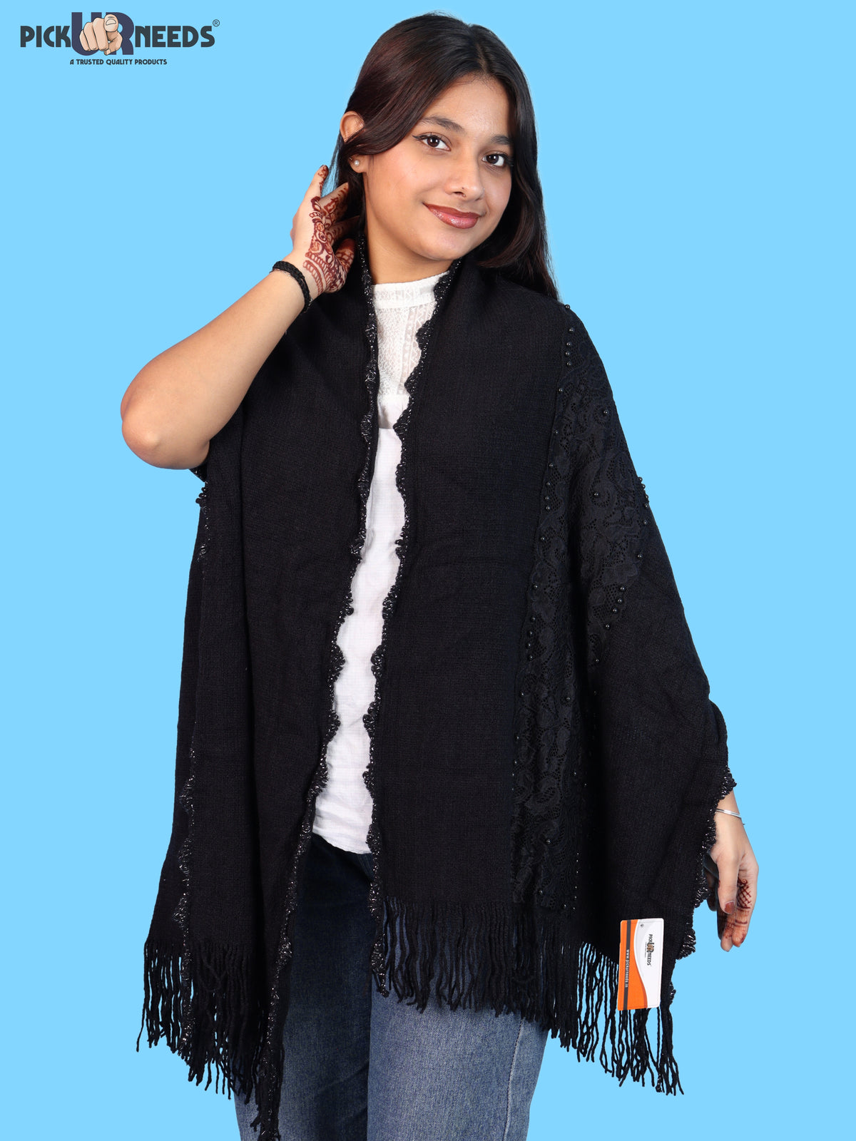Pick Ur Needs Girls & Womens Shawl with Embroidered Lace Work, Bead Detailing and Fringe Tassels, Elegant Woollen Winter Stole
