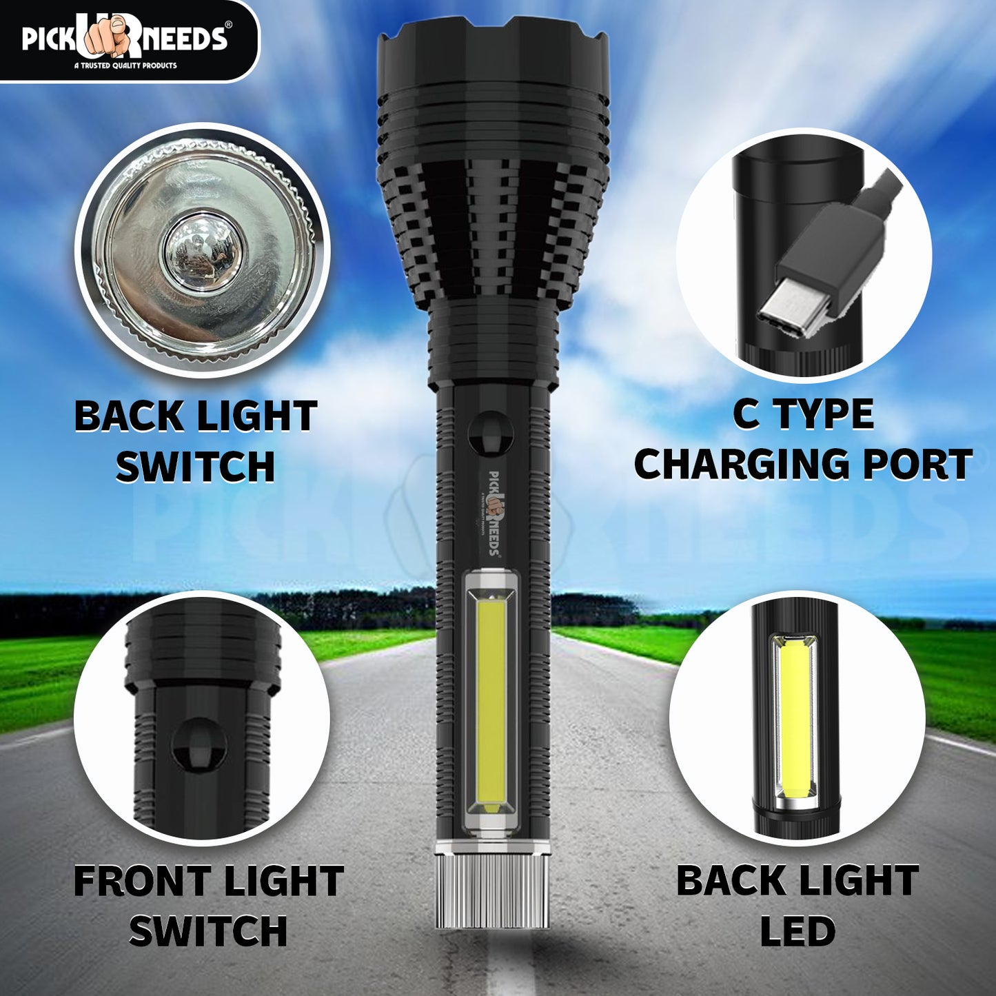 Pick Ur Needs Rechargeable 75W LED Torch Light With 3 Brightness Mode+C Type Charging+Side COB 4 hrs Torch Emergency Light