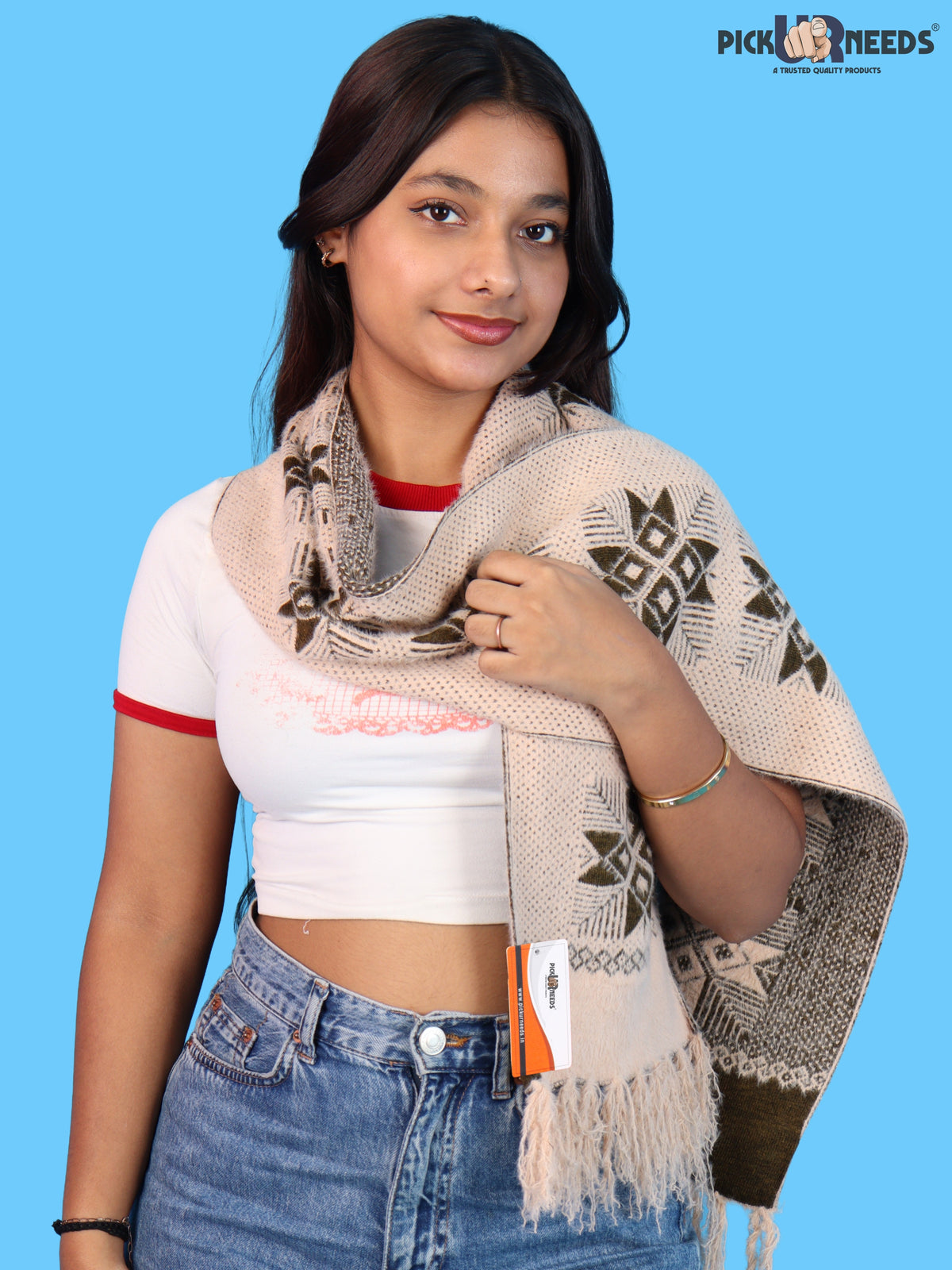 Pick Ur Needs Women & Girls Reversible Knitted Winter Muffler, Soft Warm Woollen Scarf with Geometric Pattern and Tassels, Lightweight Dual-Sided Winter Wrap