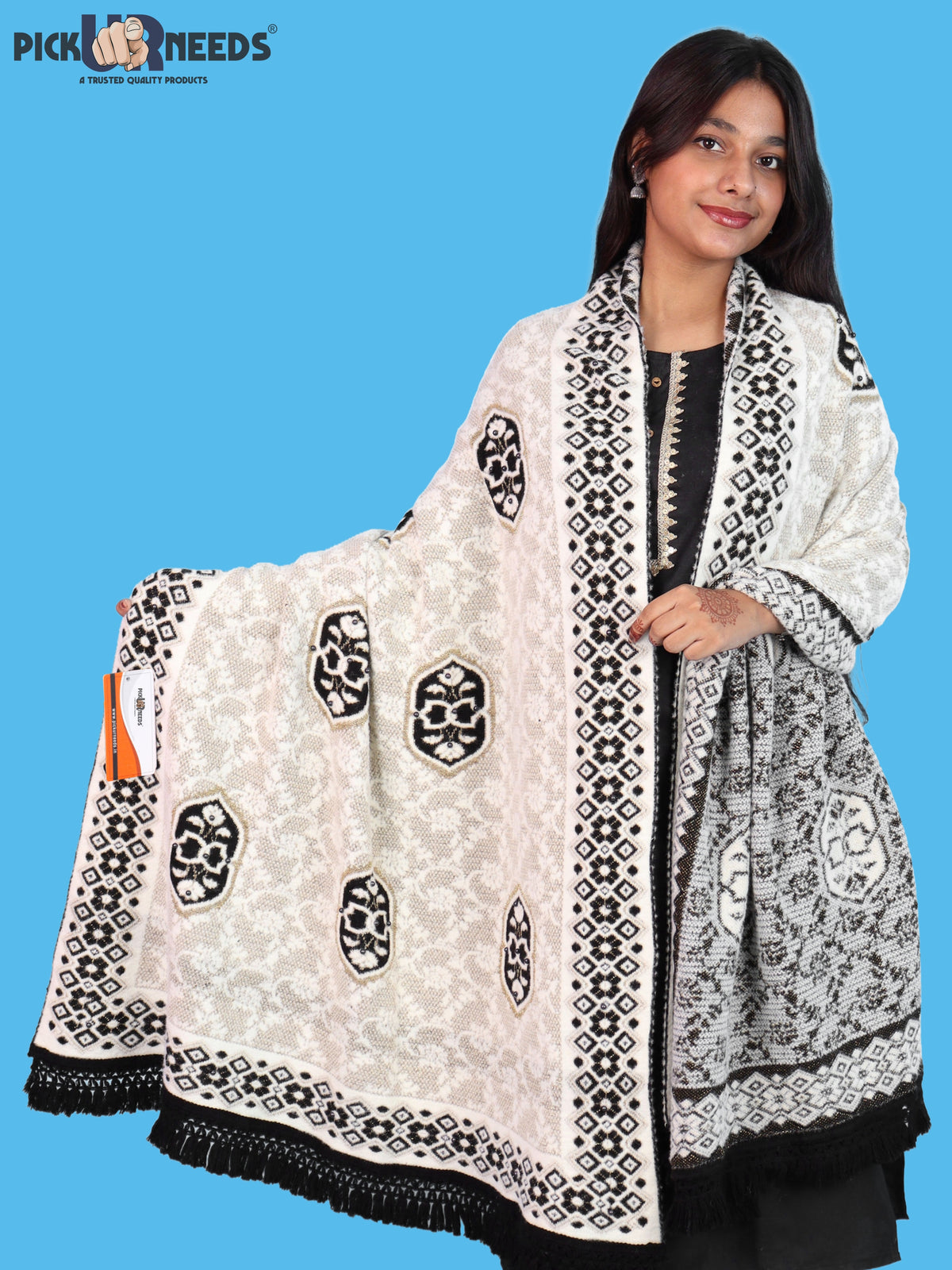 Pick Ur Needs Printed Women’s Woolen Shawl with Elegant Floral Pattern & Fur Border