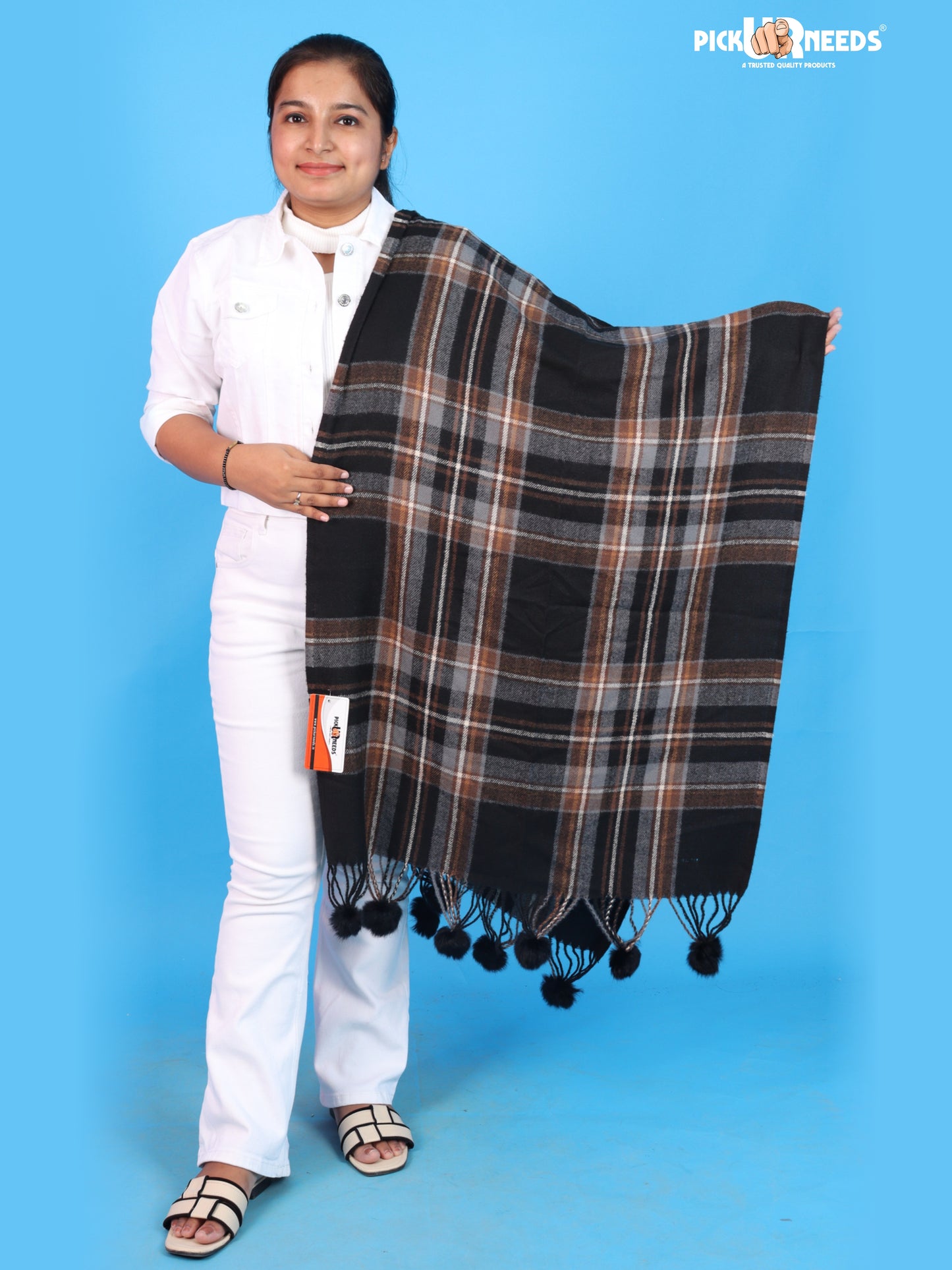 Pick Ur Needs Premium Womens Fashion Stole with Contemporary Check Weave, Decorative Fur Pom Tassels & Multi-Style Winter Wrap Shawl