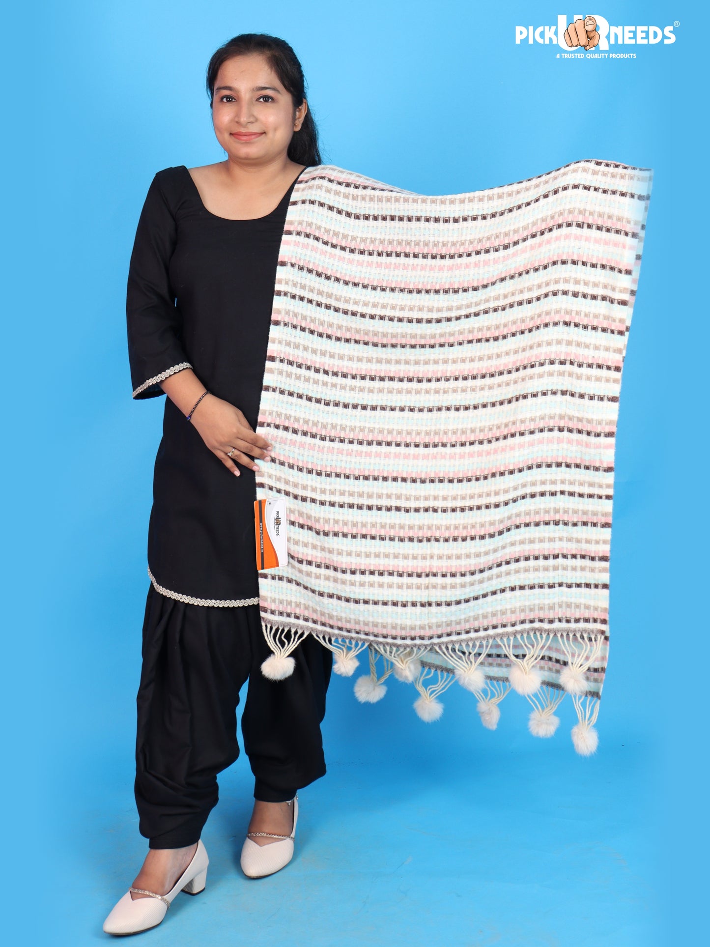 Pick Ur Needs Girls Designer Winter Shawl with Stylish Striped Pattern Textured Shoulder Wrap with Pom Pom Tassels Elegant Stole for Women Party, Casual & Ethnic Wear
