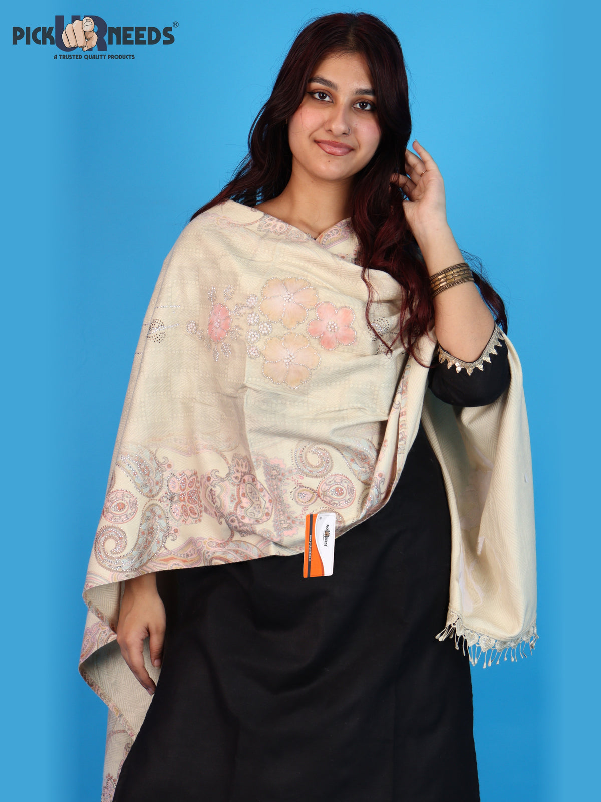 Pick Ur Needs Womens Designer Winter Elegant Floral Embellished Paisley Print Girls Shawl with Decorative Fringe Border