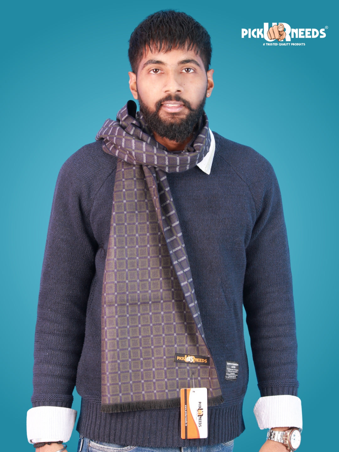 Pick Ur Needs Wool Blend Muffler for Men Soft Winter Scarf with Elegant Checks All-Day Comfort